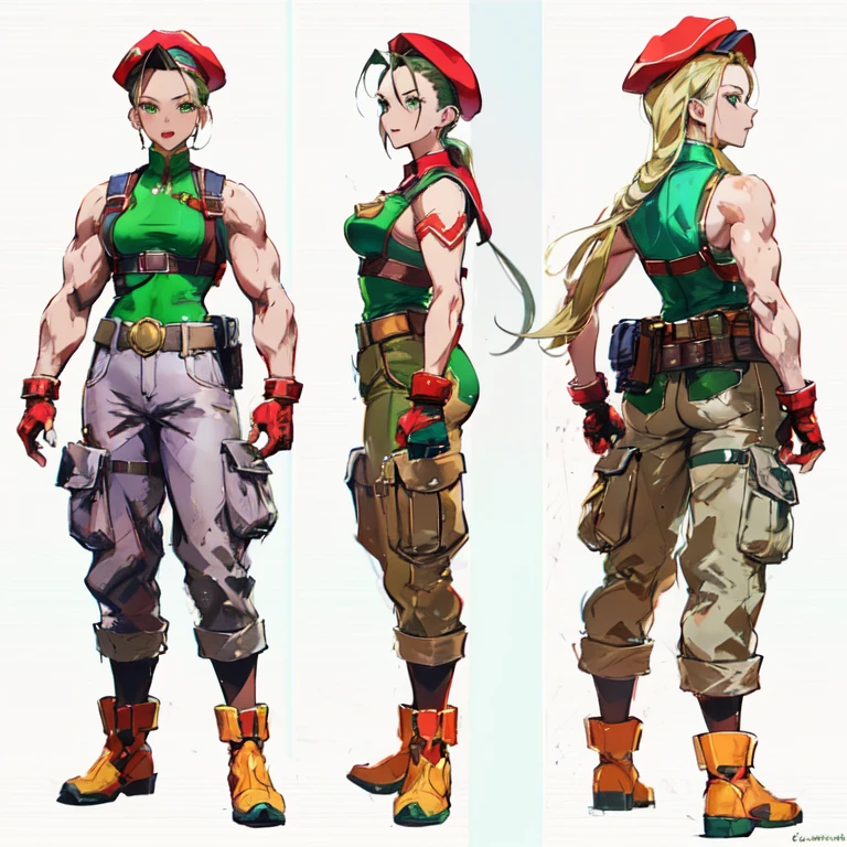 three different poses of a woman in a red hat and green shirt, cammy, video game characters designs, official character art, fighting game character, video game character design, character artwork, video game character art, official concept art, ( ( character concept art ) ), high quality character design, character art the contra, full character concept art, cushart kenz