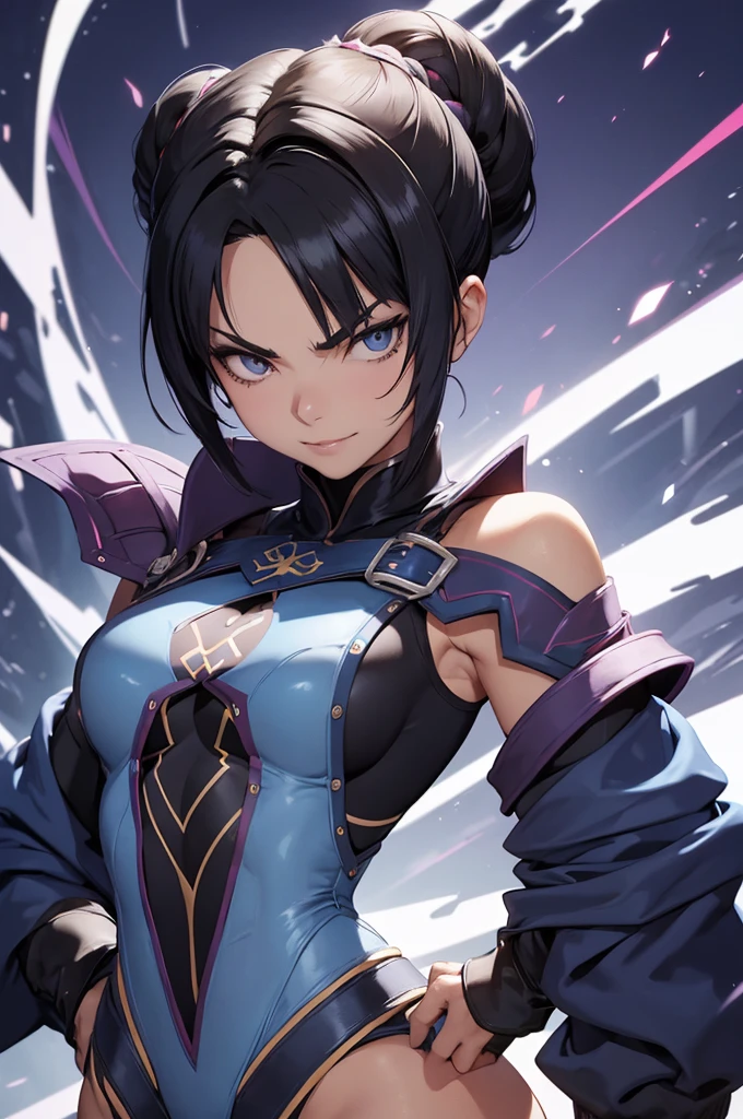 melhor qualidade,roupa azul,chun li,solo, masterpiece, best quality, agrias, grey sweater, black leotard, standing, looking at viewer, short hair,oculos,evil smile, evil look,luvas preta,roupa azul,yandere rosto,low lighting,coxa sarada copo detalhado,olhando para frente juri han,bela
