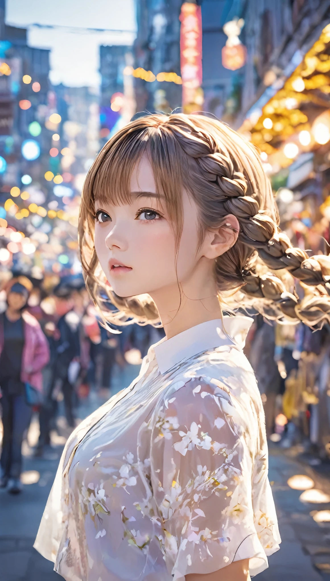 highest quality, Realistic, 1peopleの女の子, woman,(Skin dents), Mid-chest, (bright), (Professional Lighting, Bokeh), (street), people々, crowd, Braided bangs, (blouse:1.5), (I wore:0.8), nice, bloom, Floating Hair, (Dynamic pose:0.6) , Soft lighting, 