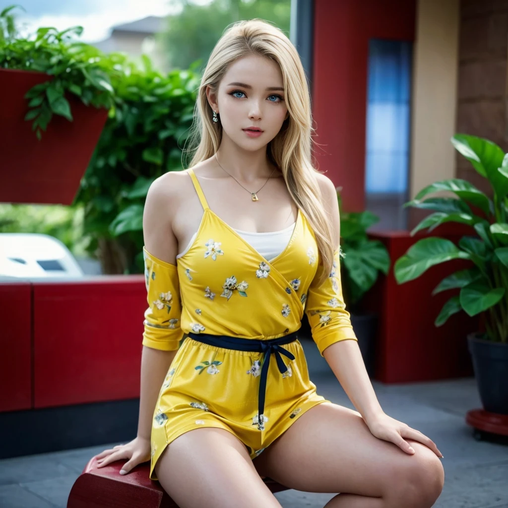 Selena Gomez wearing a yellow jumpsuit, long loose platinum hair, lying on her back, kneeling on both knees, arms behind her, posing sexy, sunset light, large figure, on the bed