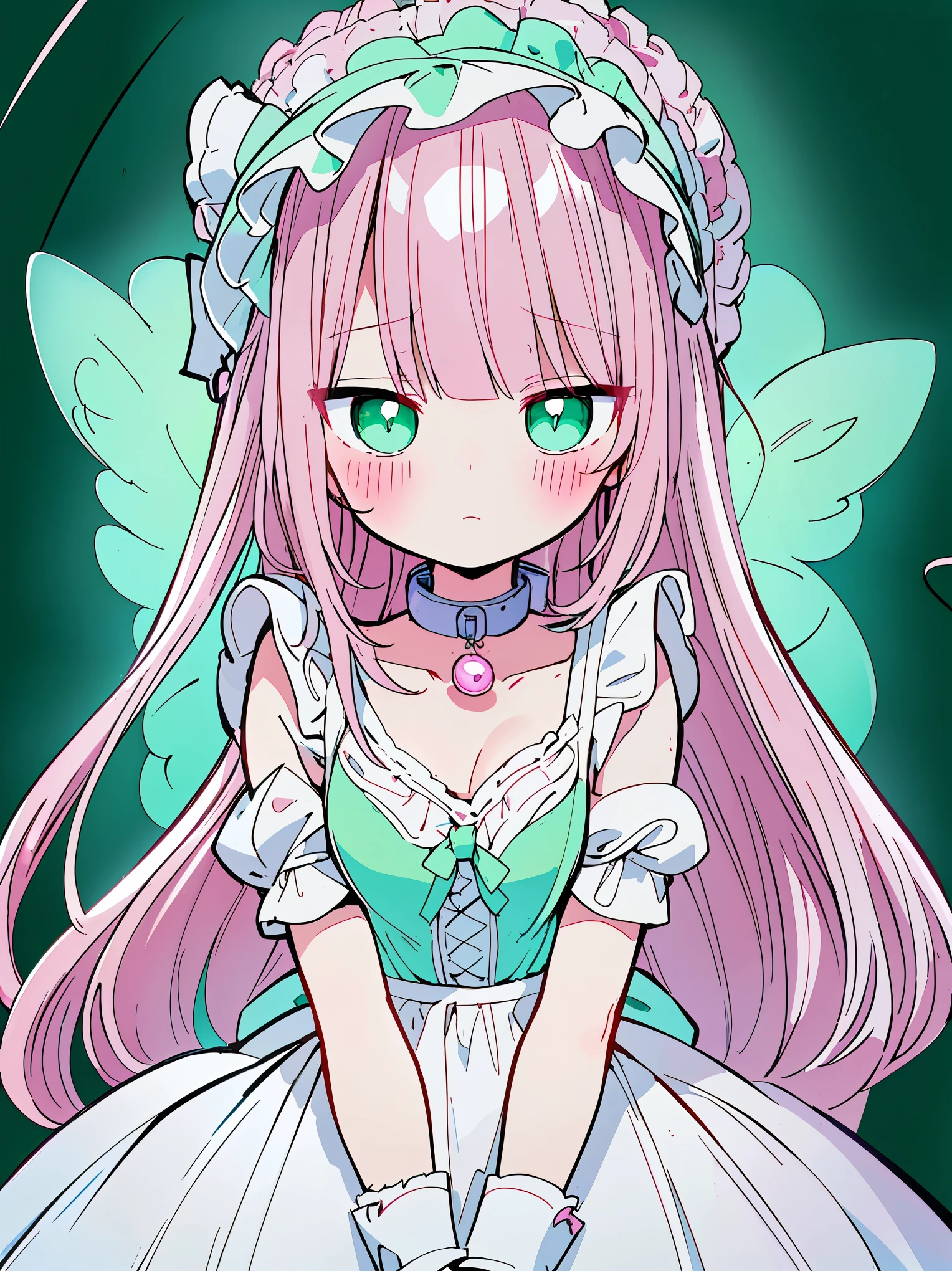 (((pearl pink hair,emerald pupils,green eyes))),((beautiful and detailed)),(blushing), (geometric:1.1),(((white ta dress with frills,collar,hood))), ((1girl,amazing,adorable maid,solo,arms down,big big eyes)),(Masterpiece,Best quality, offcial art,fractal art, Beautiful and aesthetic:1.2),(4k,HD,HRS),((small breasts)),(Physically-based rendering),Sharp focus, (((highdetailskin,The details are complex、Shallow depth of field、movie lighting、Reflectors、a Canon EOS R5、50mm lens、f / 2.8、shot at 8k resolution))),simple cloths,correct pupils,((((shiny hair|soft hair|half bangs|long hair)))),(masterpiece sidelighting),(The sheen),(beautiful hair,beautiful background,bokeh:55mm)),((extremely_Detailed_Eyes_and_face)),Movie girl,(Dynamic posture: 1.2),Brilliant