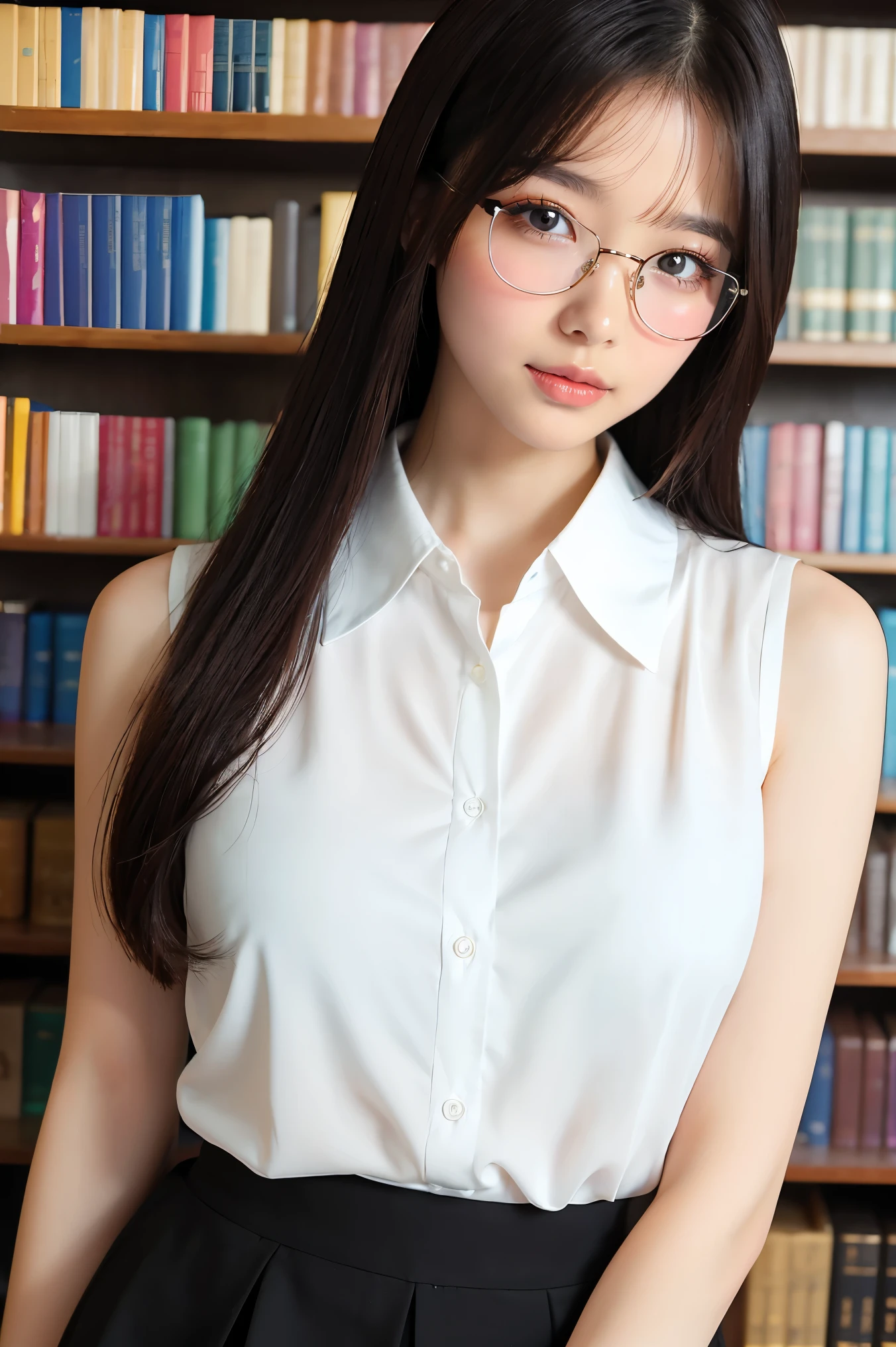 (highest quality、Tabletop、8k、Award-winning works、Ultra-high resolution、Best image quality)、One beautiful woman、(Perfect sleeveless white blouse with collar:1.2)、(White polyester sleeveless、Blouse with buttoned collar:1.3)、(Elegant black tight skirt:1.1)、(Huge breasts:1.1)、(Elegant round glasses:1.2)、library、(Standing Elegantly:1.1)、(Strongly blurred background:1.1)、Stand next to a bookshelf、(Perfectly organized bookshelf:1.1)、Bookshelf in the background、居心地の良いlibrary、lipstick、Long eyelashes、Heavy makeup、Perfect Makeup、Colored contact lenses、Accentuate your body lines、Soft and warm lighting、Detailed bookshelf、(Ultra-high resolutionの正確な美しい髪:1.1)、(Accurate anatomy:1.2)、Ultra-high definition beautiful eyes、(Super bright and radiant skin:1.1)