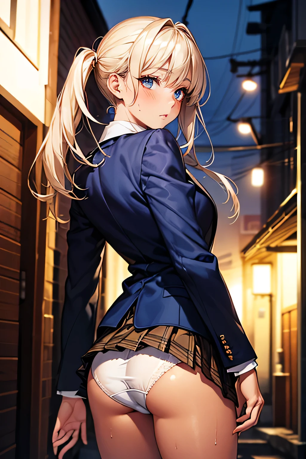 ((Perfect Anatomy:1.2,Realistic:1.3,RAW Photos:1.3,masterpiece、highest quality、Ultra - High resolution、High resolution、Highly detailed CG、8k)),Cowboy Shot,1 female,alone,18-year-old、high school girl,beautiful girl,Japanese,((Beautiful and graceful face and eyes:1.2,Big beautiful eyes:1.3,)),blonde,Twin tails,(Center parted hair:1.4,amount),Small Head:1.3,thin,(Brown Skin:1.4),(Oily skin,Glowing Skin,Shiny skin,Sweat:1.2),(school uniform、Dark blue blazer jacket、Checkered pleated mini skirt),((Roll up your skirt)).,((Show viewers white panties)),Are standing,Dirty back alley、At night、Tokyo、