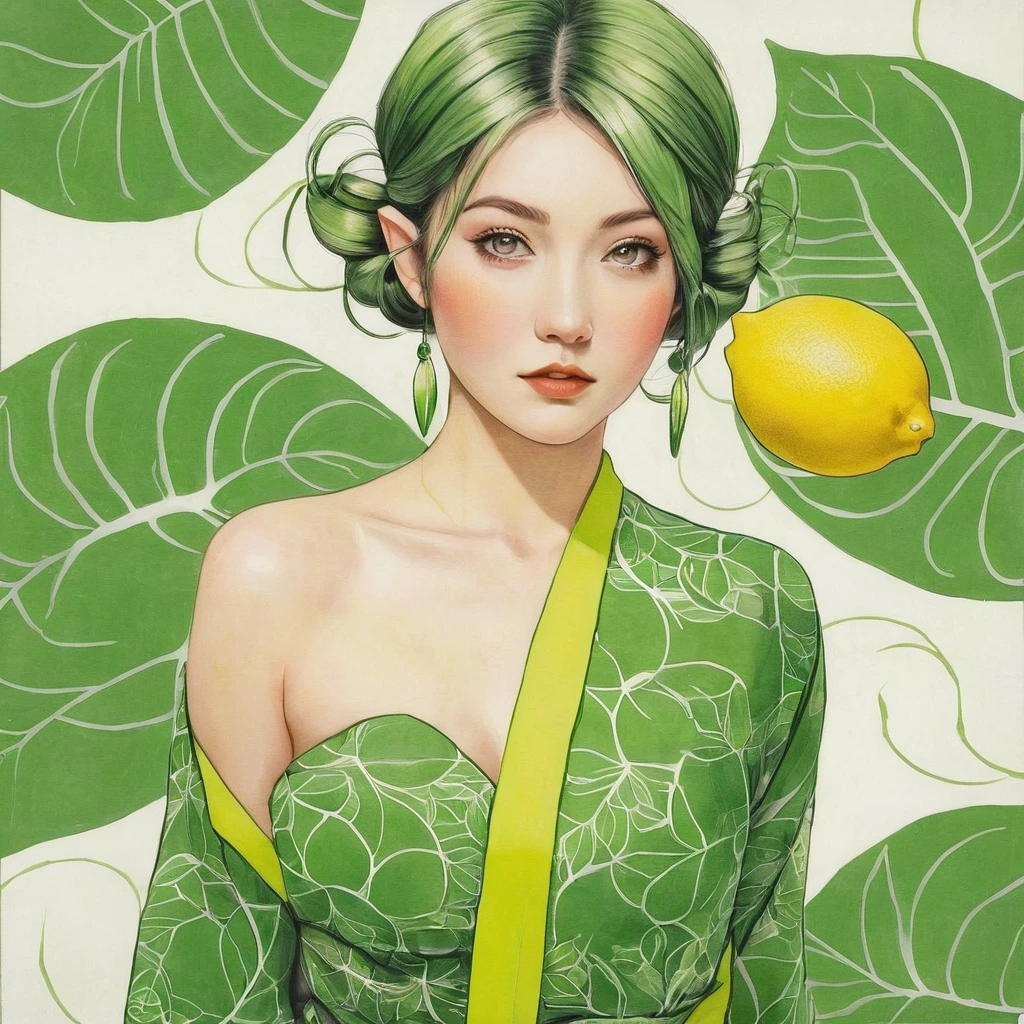 Elf female, feminine look, sexy hair, green outfit, leaves around body, swirling air movement, wide angle, full body view, loose fabric, geometric shapes, small breasts, lemon pattern kimono, rated R, up-do hair, Bauhaus, geometric shapes