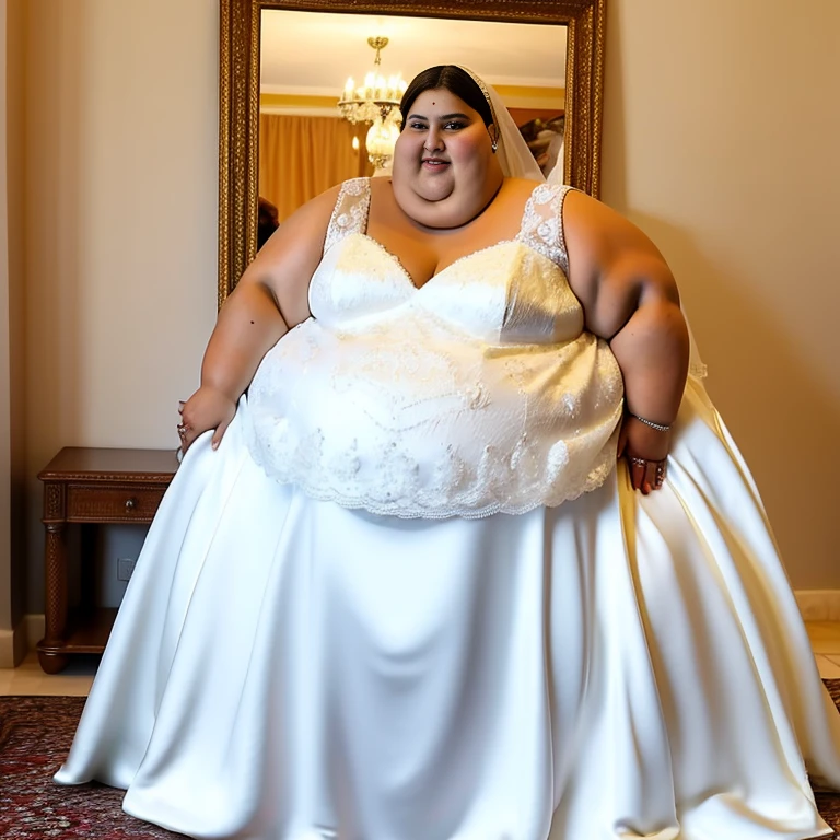 sbbw solo extremely morbidly obese Philippine woman full body alone wearing a white wedding dress