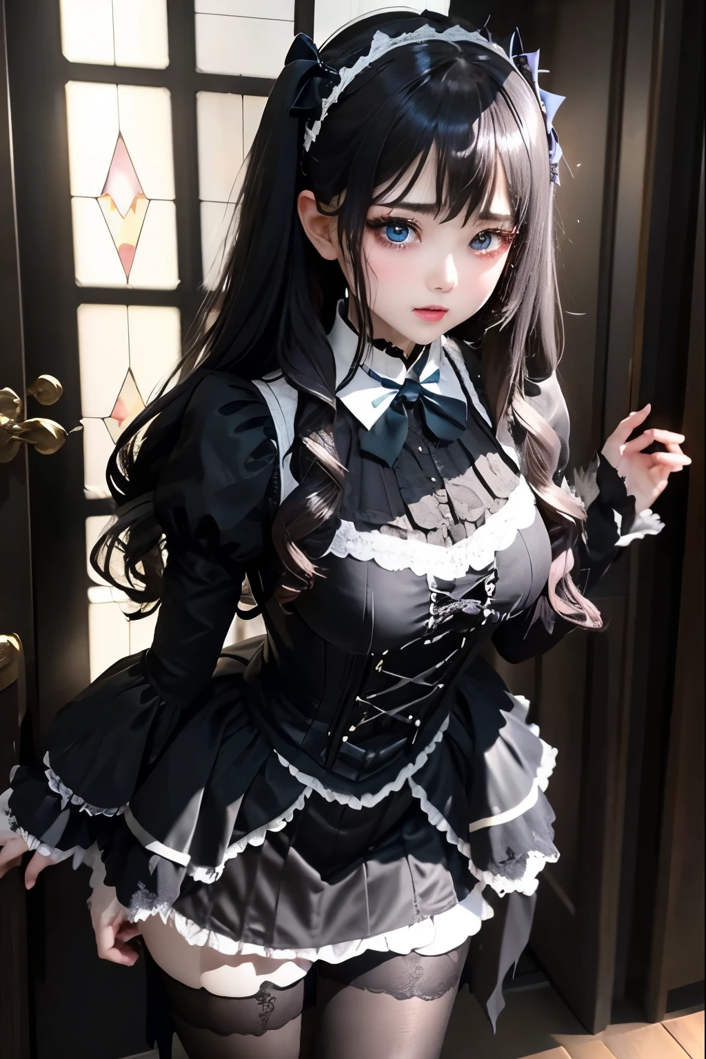 ハードDark Gothicメイク、Deep Night Sky、Horror、Black dark eyeshadow、cry、sad、Good skin radiance、Dark Gothicメイク、Dark smile、palace、The beauty of fragrance、24-years-old、Expressions of intense sexual pleasure、Embarrassed look、Dark Gothic、Obscene language、highest quality、Expression of sexual pleasure amid suffering、Drunk face、紫のMaid clothes、Mysterious、Noble、The face of someone who is holding in the toilet、sexy、Loving smile、Twin tail hair、Right blue eye, Left eye is red、Super seductive pose、Platform Heel Shoes、Heavy makeup、Gothic Lolita Clothing、A little slimmer、Silver Hair、Long Hair Straight Hair、Cute Gothic Lolita Dress、Beautiful Face、elegant features、Fascinating face、Stained glassが背景、Chest glistening with sweat、The room is dark、goth long dress、Bell Sleeves、Wizard Sleeve、Decadent look、Sexually excited expression、Glossy thighs wet with water、Thighs that are wet and shiny with oil、Background of a room full of roses、sad表情、Rose Maiden、The embroidery is pink、The dress has pink embroidery、Thigh-high socks、Knee-high socks、Gentle expression、Dark black eyeshadow、despicable act、Stained glassと薔薇背景、thighs are a little thin、Female Duo、Female couple、dark church background、Stained glass、Black metal world、Dark Castle、Dark Room、Slender body、upright、walk、Are standing、gothic long dresaid clothes、Victorian dresses、Her thighs glisten with sweat、My body is wet and shiny、Lots of glitter on the thighs、sweating、My thighs are sticky from sweating、Sweat glistens on the thighs, The whole body is sweaty and shiny、Quite sweaty、My thighs are sweaty、My thighs are so wet、My thighs are shining with sweat、A lot of sweat glistens all over the body、The thighs are the best、Thighs are glamorous、