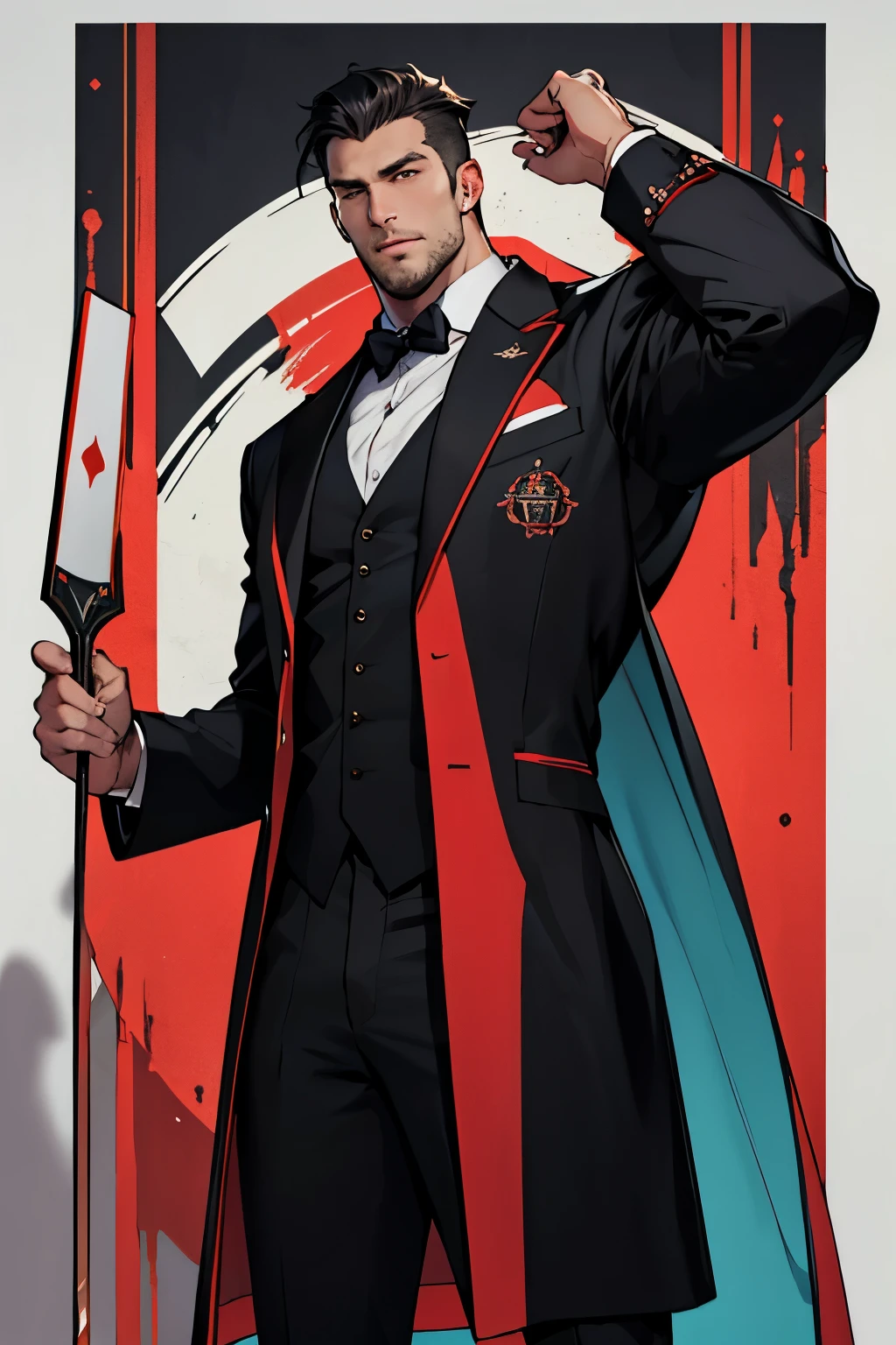 A tall imposing man in a fancy black and red poker suit
