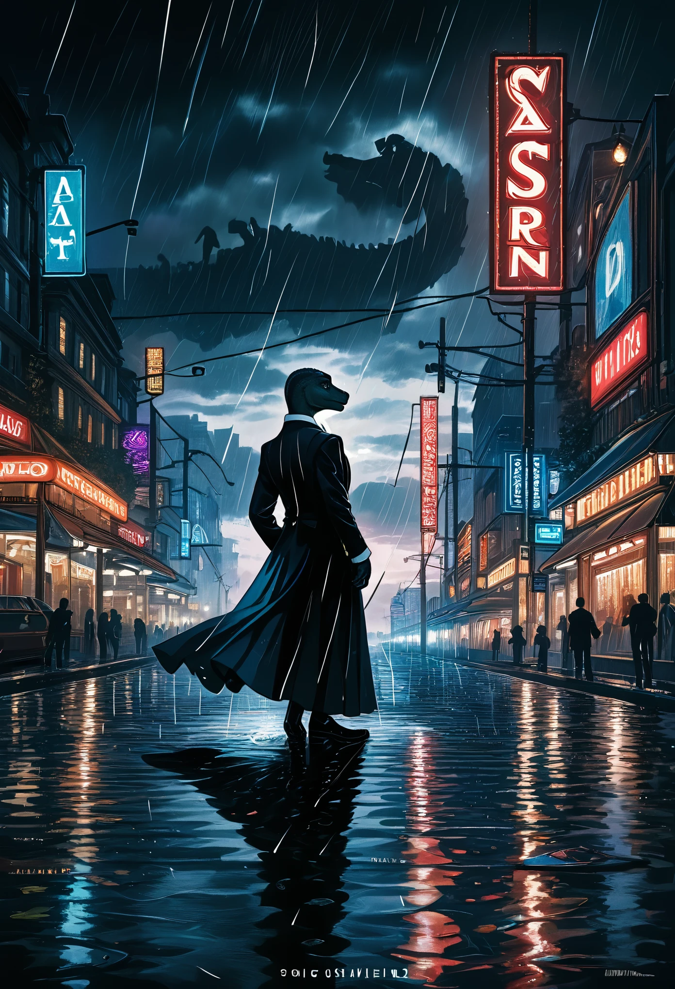 cover page, highres, top quality, best quality, paid reward available, unparalleled masterpiece, perfect artwork, absurdres, High-quality illustrations, super high resolution, detailed background, Lizard wearing a tuxedo wet in the rain, in the city, a night view with neon signs shining, silhouette reflected in a puddle, cinematic lighting,