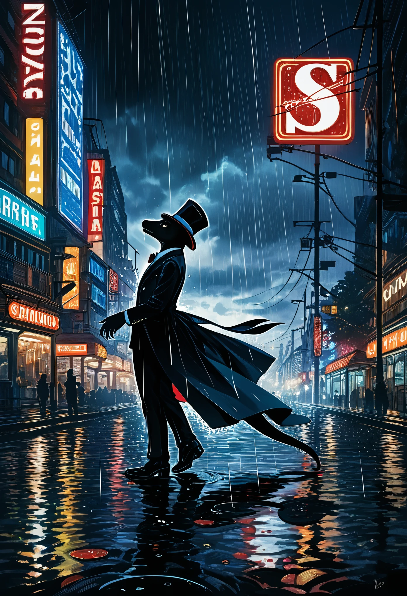 cover page, highres, top quality, best quality, paid reward available, unparalleled masterpiece, perfect artwork, absurdres, High-quality illustrations, super high resolution, detailed background, Lizard wearing a tuxedo wet in the rain, in the city, a night view with neon signs shining, silhouette reflected in a puddle, cinematic lighting,