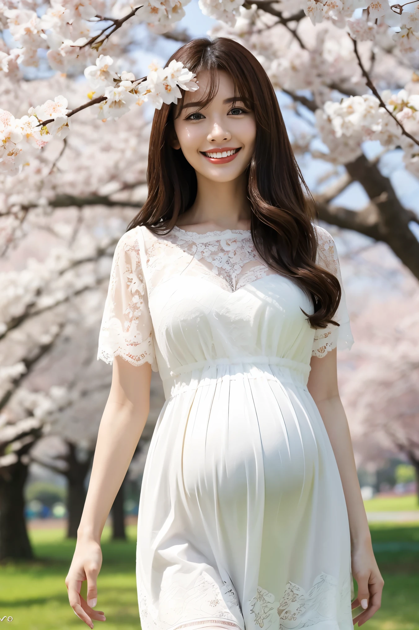 (highest quality、masterpiece、8k、Best image quality、Award-winning works)、1 female、Walk in the park、(alone:1.1)、(1 photo:1.1)、Elegant maternity wear、See-through maternity wear、Lace ornament、Perfect Makeup、thin、The biggest smile is looking at me、(height: 140cm:1.4)、(Very short:1.4)、Standing full body photo、Perfect Anatomy、Blurred cherry blossoms in full bloom,、big grass park、Refreshing atmosphere、very bright and vivid、Beautiful eyes in ultra-high resolution、Ultra high resolution perfect beautiful teeth、Ultra-high definition beauty face、Ultra HD beautiful hair、Perfect teeth alignment