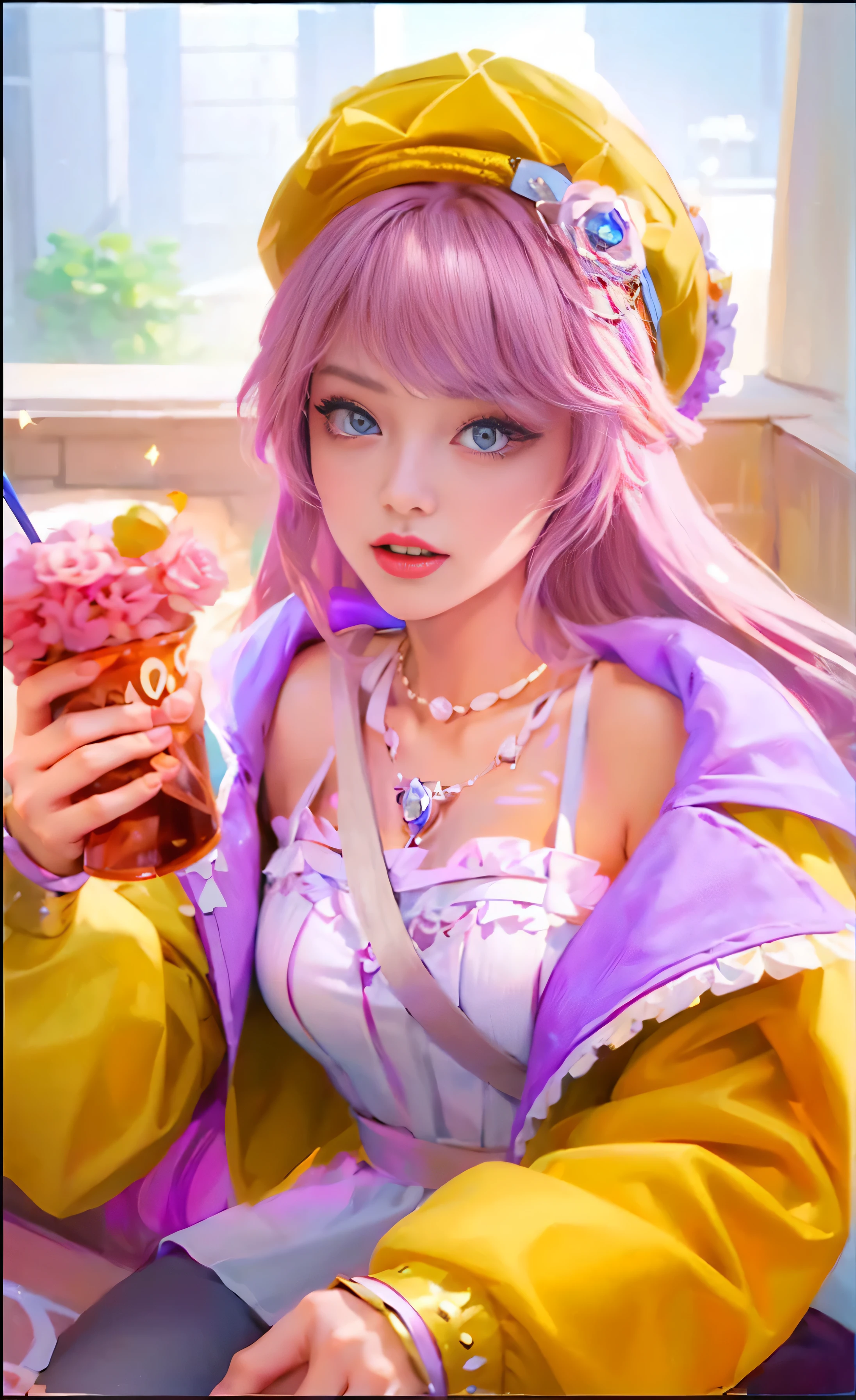 ((highest quality)), ((masterpiece)), (be familiar with), Genshin,navia,perfect face,1girl,look down,rubens hat,blonde,blue eyes,choker daytime,flower garden、Golden Rose,Low - Angle,view audience、big breasts, sexy models, realistic, beautifull skin , smoth , 18+