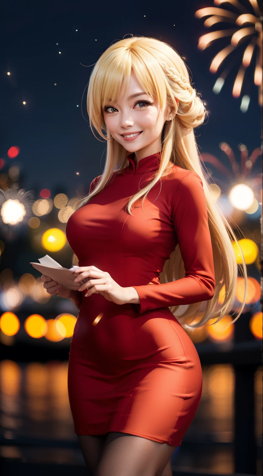 Full HD, Super detailed, high quality, master likes it, Bokeh, woman, 30 years, red midi dress, compensate, night, fireworks light, seductive smile, Lens flare,long hair,blonde,invite