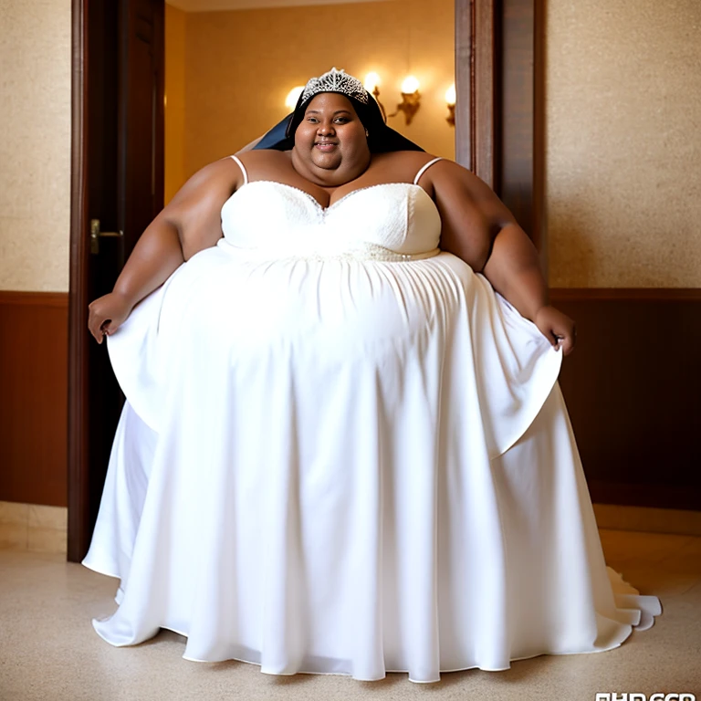 sbbw solo extremely morbidly obese Surinamese woman full body alone wearing a white wedding dress