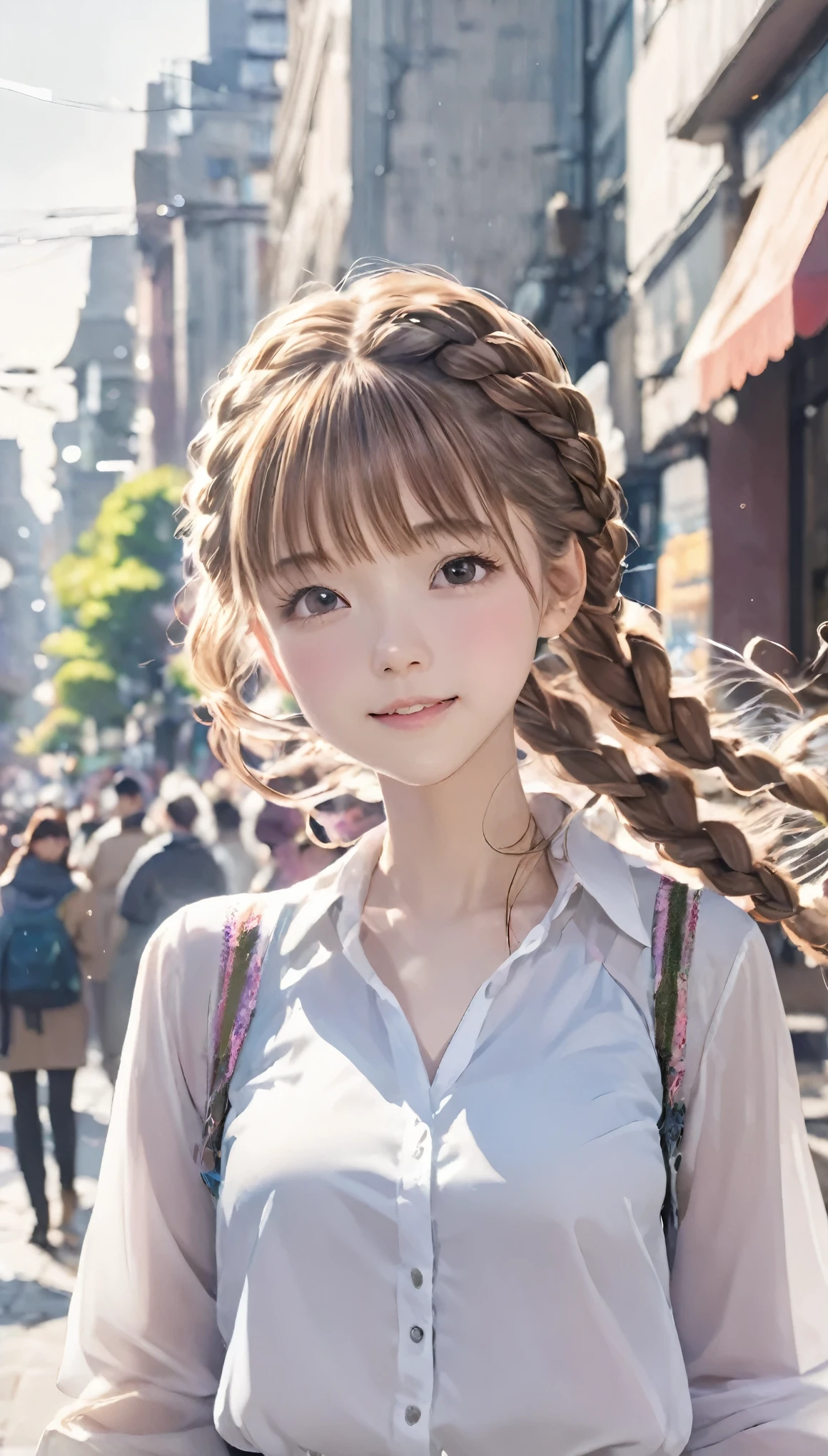 highest quality, Realistic, 1peopleの女の子, woman,(Skin dents), Mid-chest, (bright), (Professional Lighting, Bokeh), (street), people々, crowd, Braided bangs, (blouse:1.5), (I wore:0.8), nice, bloom, Floating Hair, (Dynamic pose:0.6) , Soft lighting,