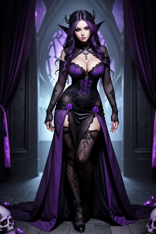 Sexy gothic, large breasts, laced clothing, full body, purple, and black, necromancer, elf, purple wavy hair, regal, skull, blue eyes