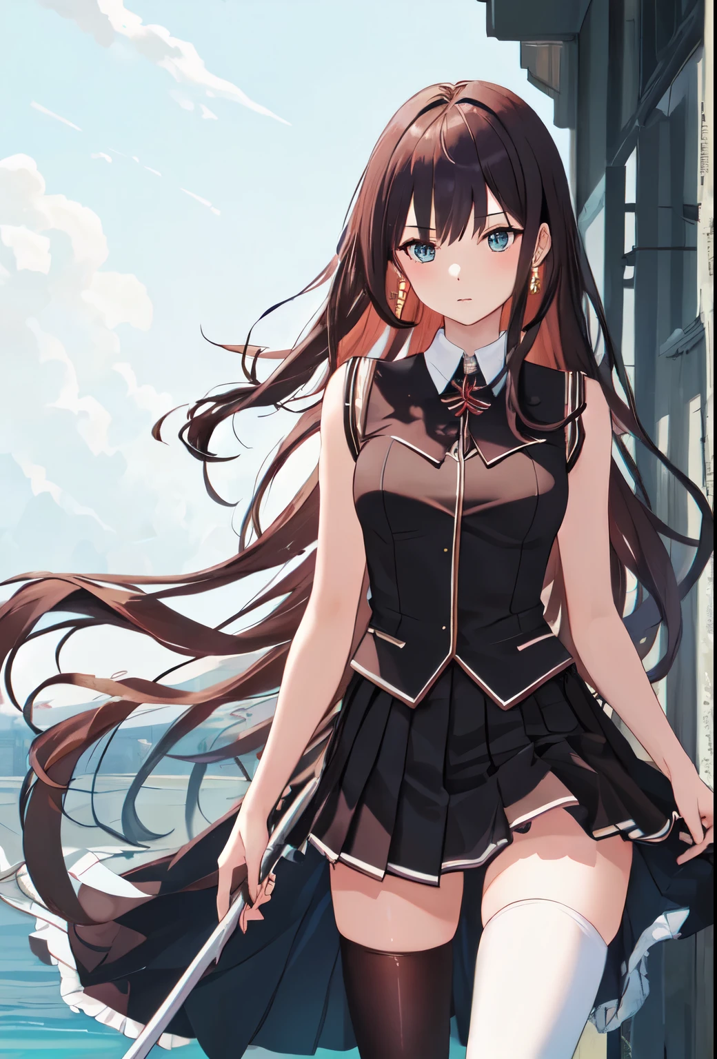 best quality, masterpiece, highres, solo, 1girl, skirt, sleeveless, very_long_hair, thighhighs, hair_down