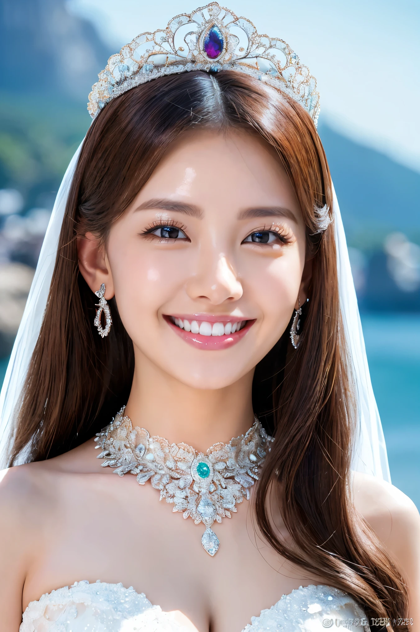 (highest quality、Tabletop、8k、Best image quality、Award-winning works)、One beautiful bride、(alone:1.1)、(The most extravagant and gorgeous huge wedding dresses:1.1)、(Perfect Wedding Lace:1.2)、(The most extravagant and luxurious giant tiara:1.1)、(The most extravagant and luxurious giant necklace:1.1)、The most beautiful smile is looking at me、A wide selection of the finest jewellery、(Bridal upper body photo:1.1)、Perfect Makeup、Long eyelashes、Ultra HD Shining Eyes、Ultra HD Hair、Ultra High Resolution Glossy Lips、Ultra High Resolution Perfect Teeth、Super high resolution beautiful face、(Accurate anatomy:1.1)、(Very bright and beautiful skin:1.2)、(very bright and vivid:1.2)、(Gorgeous wedding venue backdrop:1.1)