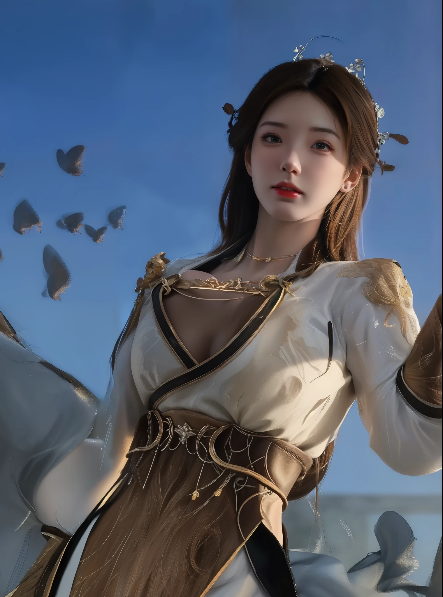 (hyperrealistic), (illustration), (high resolution), (8K), (extremely detailed), (best illustration), (beautiful detailed eyes), (best quality), (ultra-detailed), (masterpiece), (wallpaper), (photorealistic), (natural light), (rim lighting), (detailed face), (high detailed realistic skin texture), (anatomically correct), (solo), (1 girl), (high detailed realistic hair), (caramel hair:1.35), (heterochromic eyes), (detailed eyes), (light-brown eyes:1.37), (sparkling eyes), (realistic big breasts:1.5), (long legs), (slender abs), (dynamic pose), (closed tiny mouth:1.3), (concentrated expression), (topless), (exposed breasts cleavage:1.35)