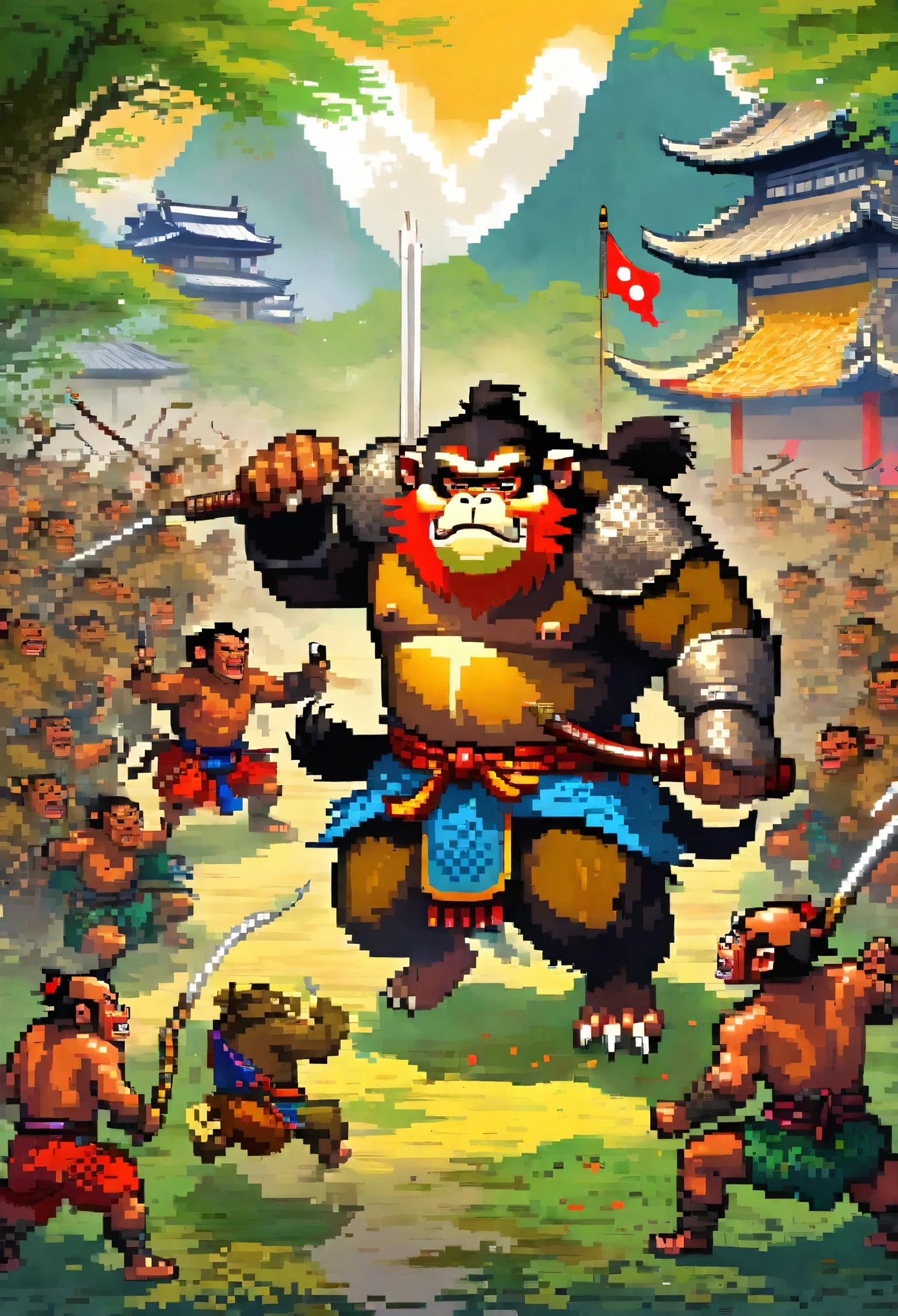 (masterpiece, top quality, best quality)dynamic scene from the Japanese folktale 'Momotaro', showing Momotaro fighting alongside his animal companions, a dog, a monkey, and a pheasant, against the ogres, The scene should be set on the Ogre Island, with Momotaro wearing traditional Japanese warrior clothing, holding a flag with the peach emblem, The animals should be actively participating in the battle, and ogres should appear menacing but not too scary, suitable for a children's book illustration, The style should be vibrant and detailed, capturing the energy and bravery of the legendary tale,