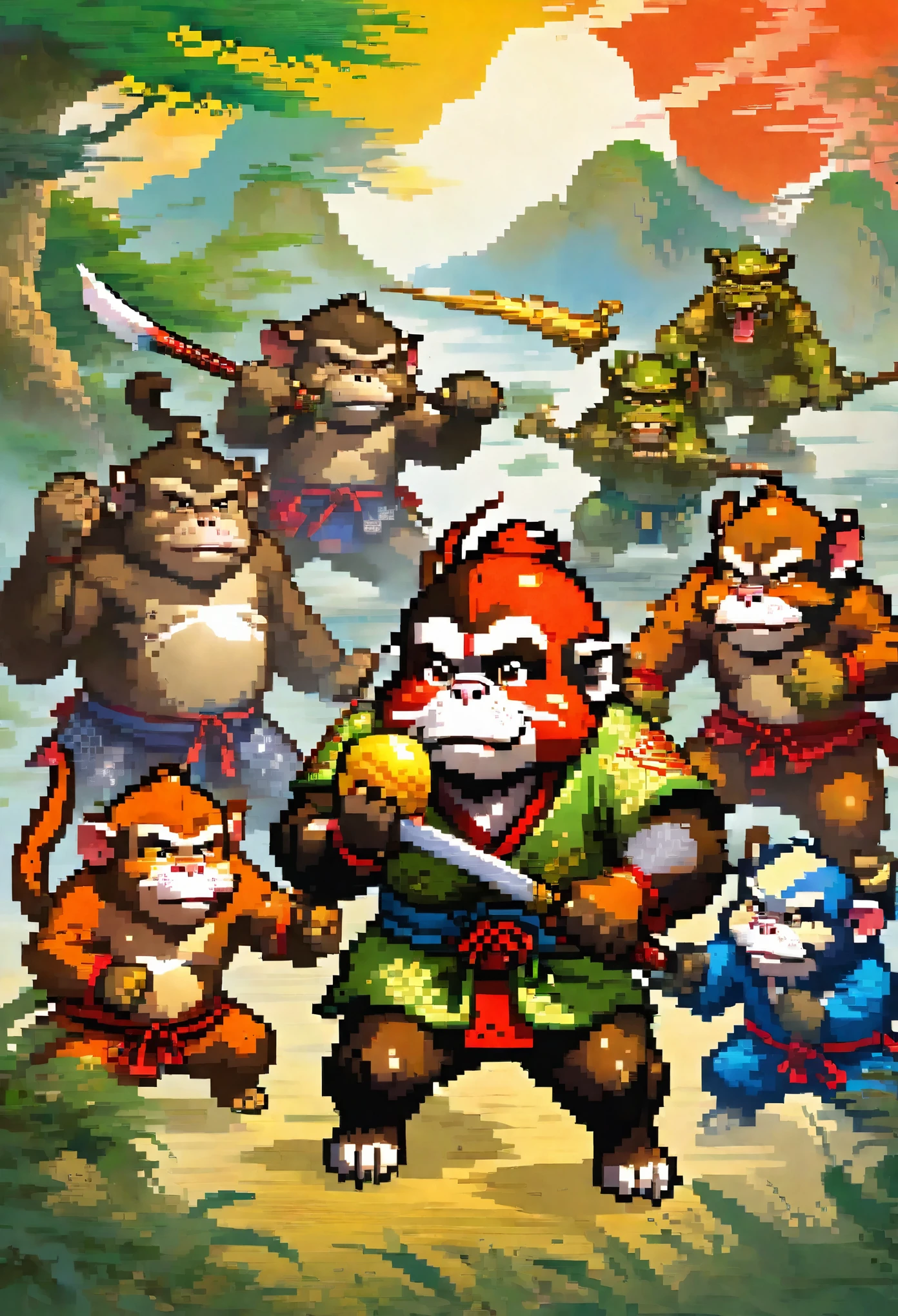 (masterpiece, top quality, best quality)dynamic scene from the Japanese folktale 'Momotaro', showing Momotaro fighting alongside his animal companions, a dog, a monkey, and a pheasant, against the ogres, The scene should be set on the Ogre Island, with Momotaro wearing traditional Japanese warrior clothing, holding a flag with the peach emblem, The animals should be actively participating in the battle, and ogres should appear menacing but not too scary, suitable for a children's book illustration, The style should be vibrant and detailed, capturing the energy and bravery of the legendary tale,