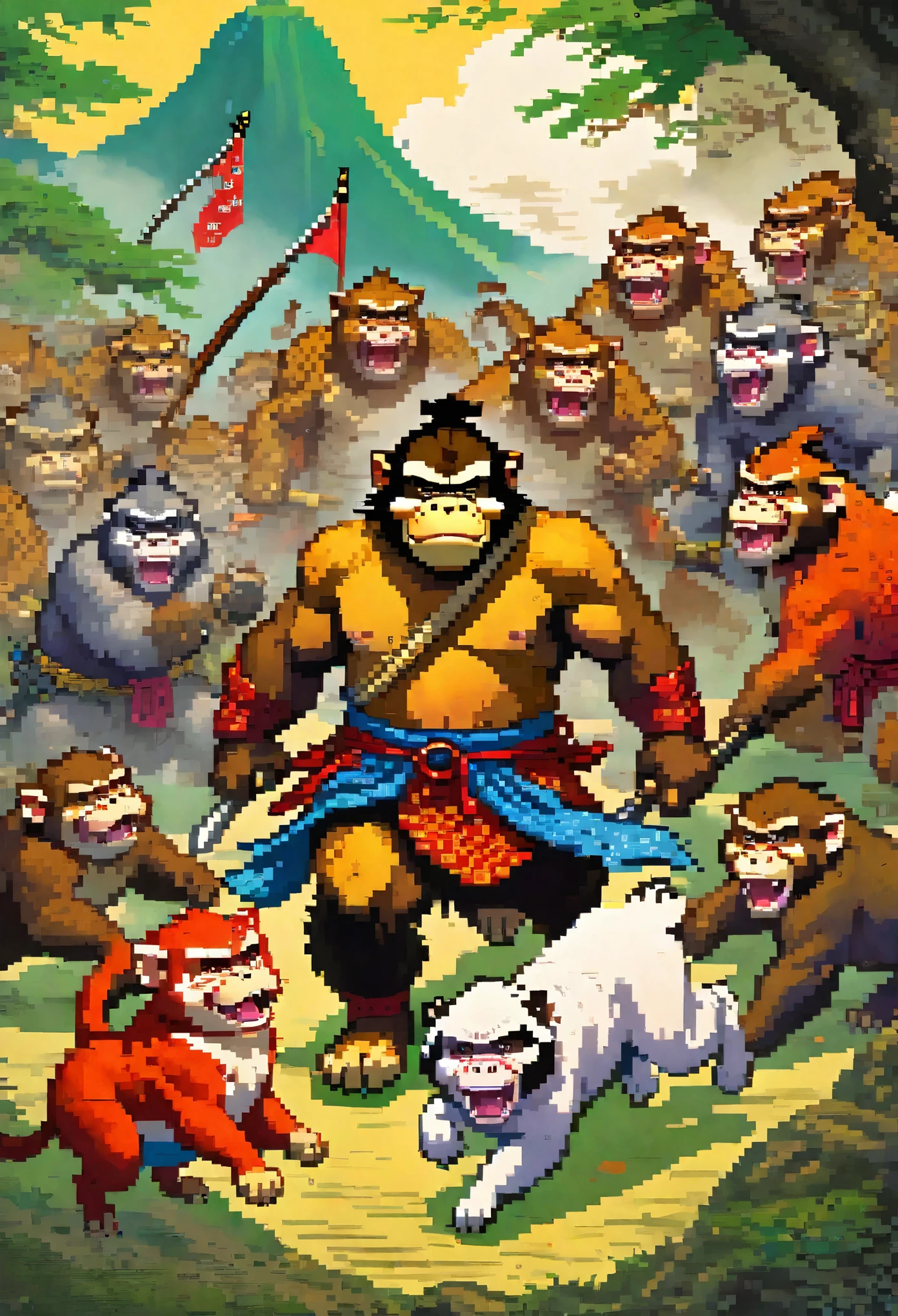 (masterpiece, top quality, best quality)dynamic scene from the Japanese folktale 'Momotaro', showing Momotaro fighting alongside his animal companions, a dog, a monkey, and a pheasant, against the ogres, The scene should be set on the Ogre Island, with Momotaro wearing traditional Japanese warrior clothing, holding a flag with the peach emblem, The animals should be actively participating in the battle, and ogres should appear menacing but not too scary, suitable for a children's book illustration, The style should be vibrant and detailed, capturing the energy and bravery of the legendary tale,