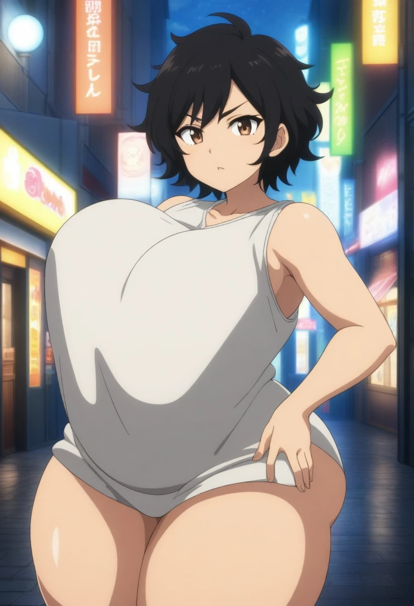  Female tomboy, messy hair, short hair,black hair,curly hair, brown eyes, Hispanic, huge breasts and thicc thighs nice curves and huge Ass, outside in the streets, anime,has black eyeliner, night time 