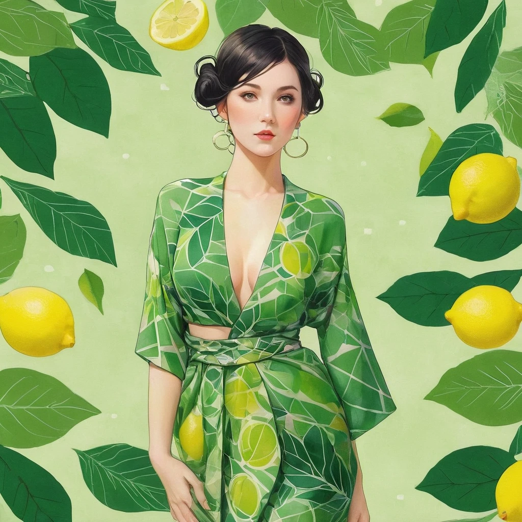 Elf female, feminine look, sexy hair, green outfit, leaves around body, swirling air movement, wide angle, full body view, loose fabric, geometric shapes, small breasts, lemon pattern kimono, rated R, up-do hair, Bauhaus, geometric shapes