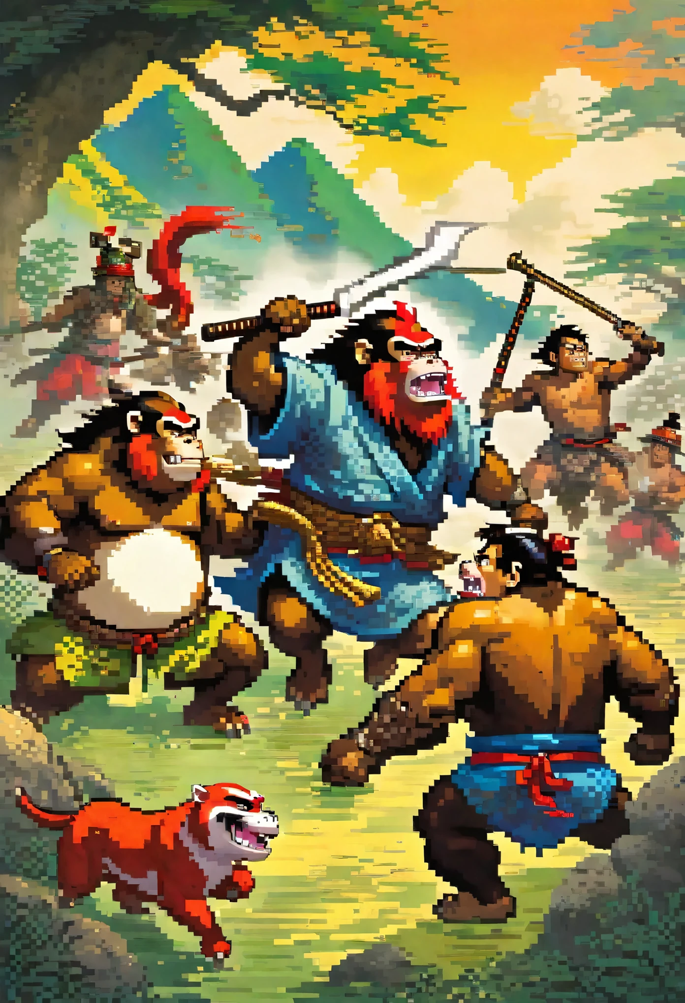 (masterpiece, top quality, best quality)dynamic scene from the Japanese folktale 'Momotaro', showing Momotaro fighting alongside his animal companions, a dog, a monkey, and a pheasant, against the ogres, The scene should be set on the Ogre Island, with Momotaro wearing traditional Japanese warrior clothing, holding a flag with the peach emblem, The animals should be actively participating in the battle, and ogres should appear menacing but not too scary, suitable for a children's book illustration, The style should be vibrant and detailed, capturing the energy and bravery of the legendary tale,