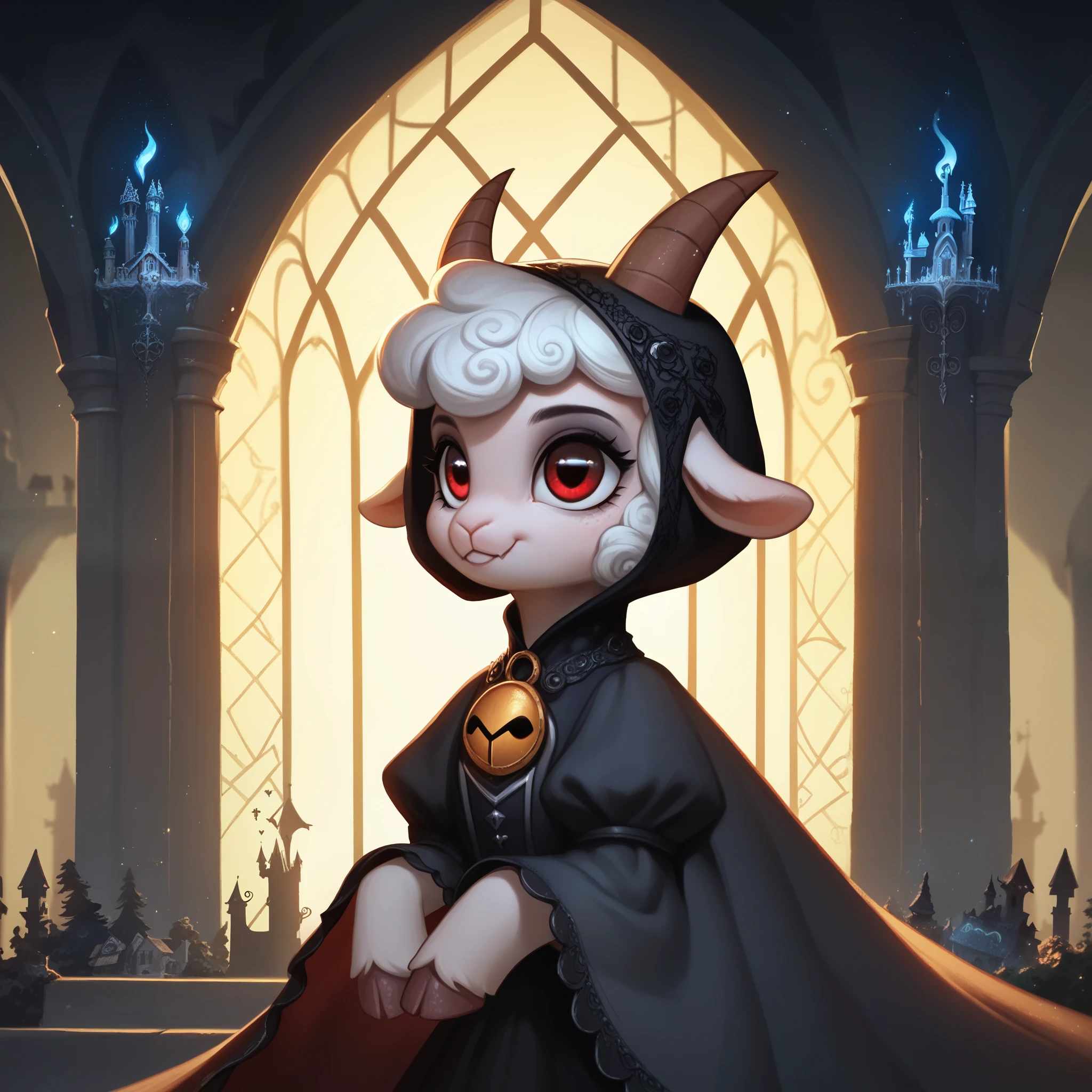 score_9,score_8_up,score_7_up,score_6_up, cute Vampire Lamb, Goth fashion, glowing backlight, Castle scene, glitter, whimsical, enchanted, magical, fantasy art concept, intricate details,