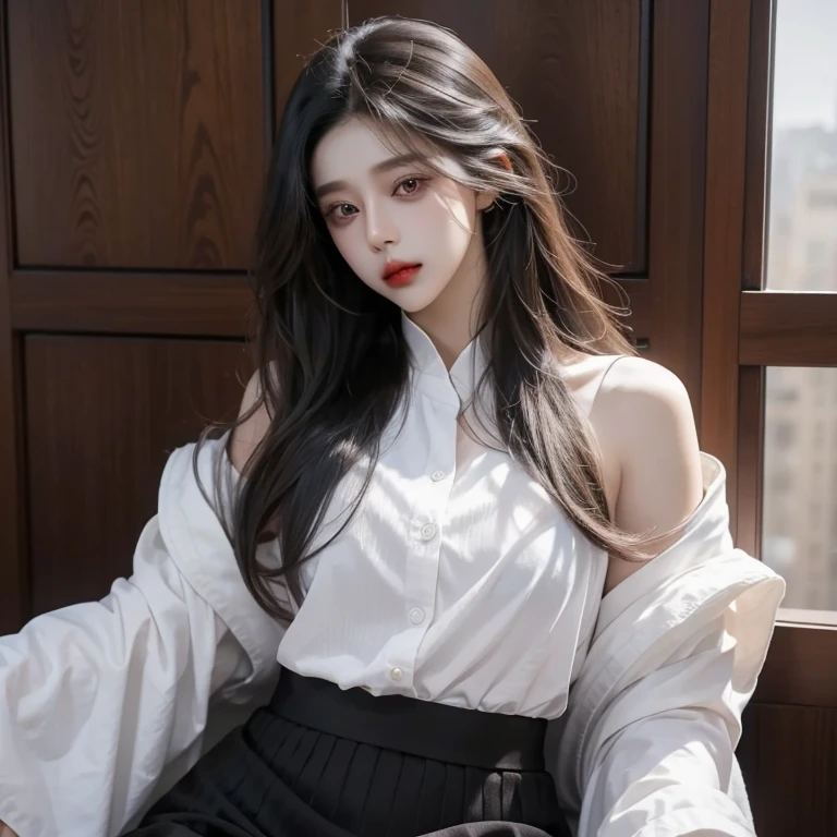The girl has a beautiful, sharp face, hot eyes, long to medium hair, black curls, plump lips, wearing a skirt.
