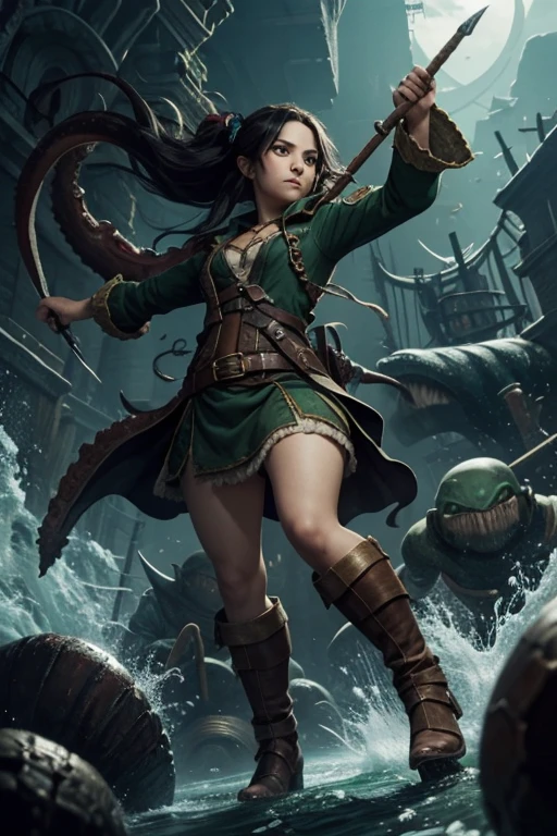 Halfling female pirate, black hair, emerald green eyes, full body, roguish clothing, fighting giant squid