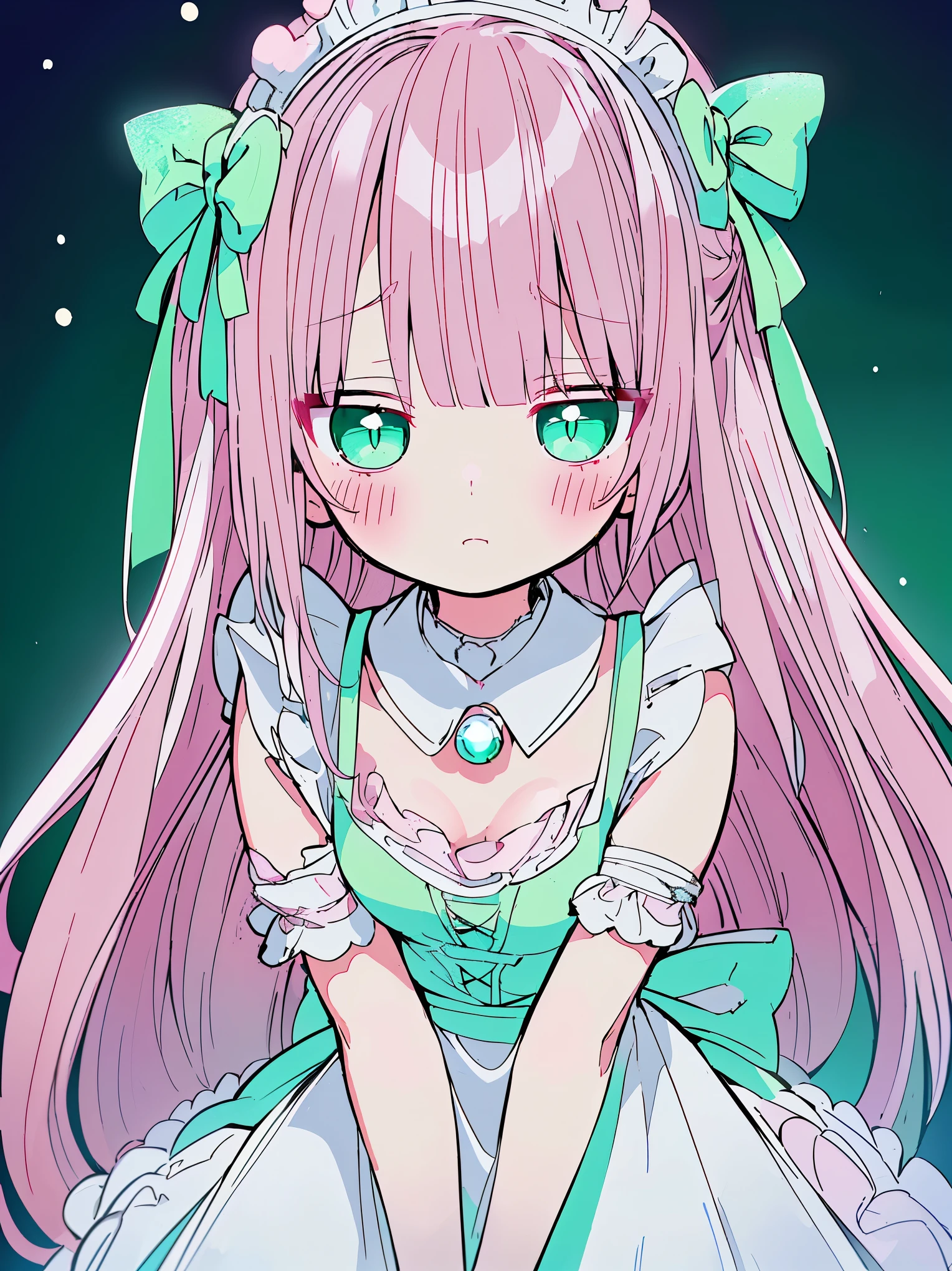 (((pearl pink hair,emerald pupils,green eyes))),((beautiful and detailed)),(blushing), (geometric:1.1),(((pink lolita dress with frills,neck collar)), ((1girl,amazing,adorable maid,solo,arms down,big big eyes)),(Masterpiece,Best quality, offcial art,fractal art, Beautiful and aesthetic:1.2),(4k,HD,HRS),((small breasts)),(Physically-based rendering),Sharp focus, (((highdetailskin,The details are complex、Shallow depth of field、movie lighting、Reflectors、a Canon EOS R5、50mm lens、f / 2.8、shot at 8k resolution))),simple cloths,correct pupils,((((shiny hair|soft hair|half bangs|long hair)))),(masterpiece sidelighting),(The sheen),(beautiful hair,beautiful background,bokeh:55mm)),((extremely_Detailed_Eyes_and_face)),Movie girl,(Dynamic posture: 1.2),Brilliant