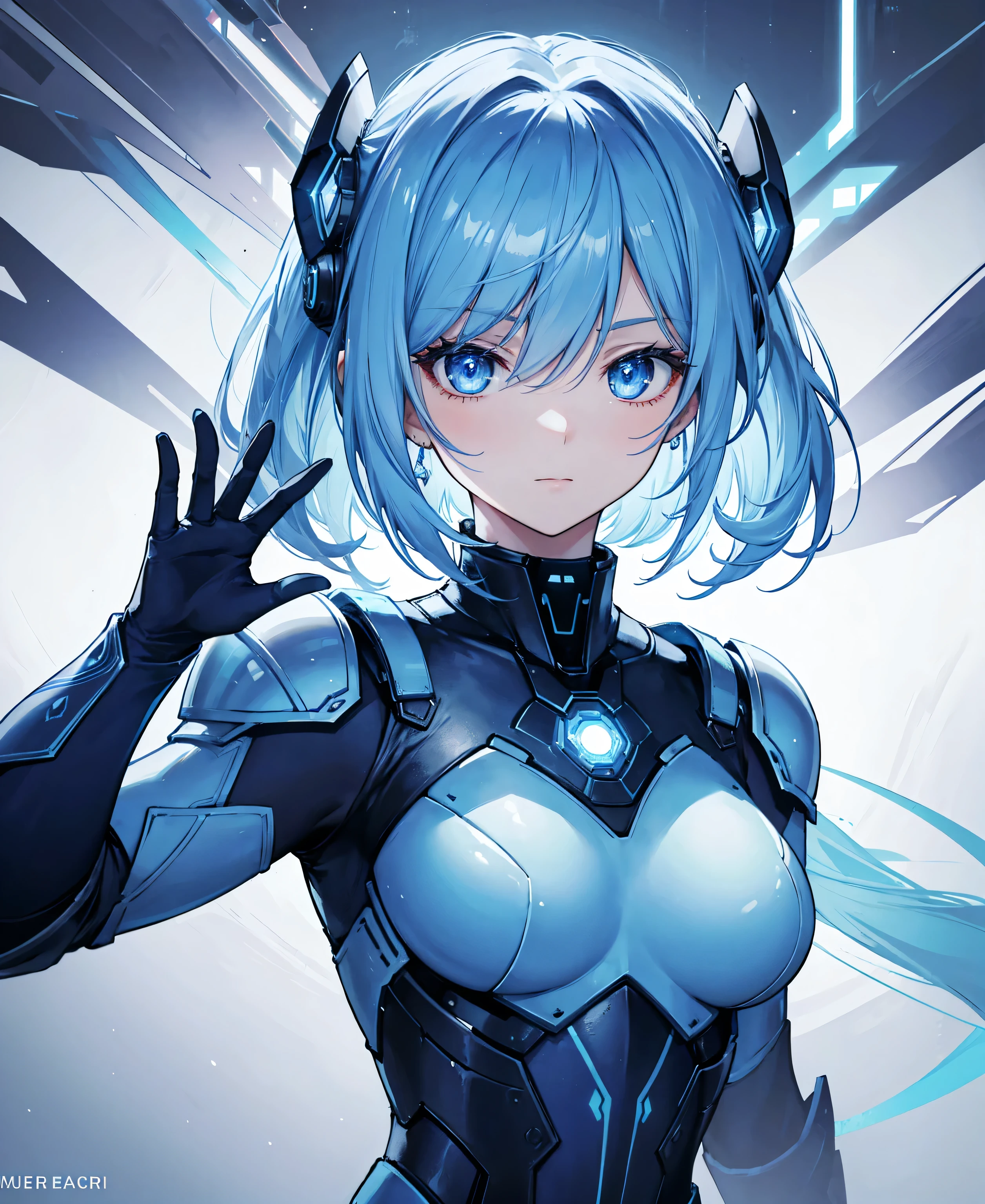 8k, highest quality, (real:1.4), Original photo, 1 girl, Asari Hair, Biological Amplifier, refined armor, posture: Peace talks between warring factions, smart blue eyes