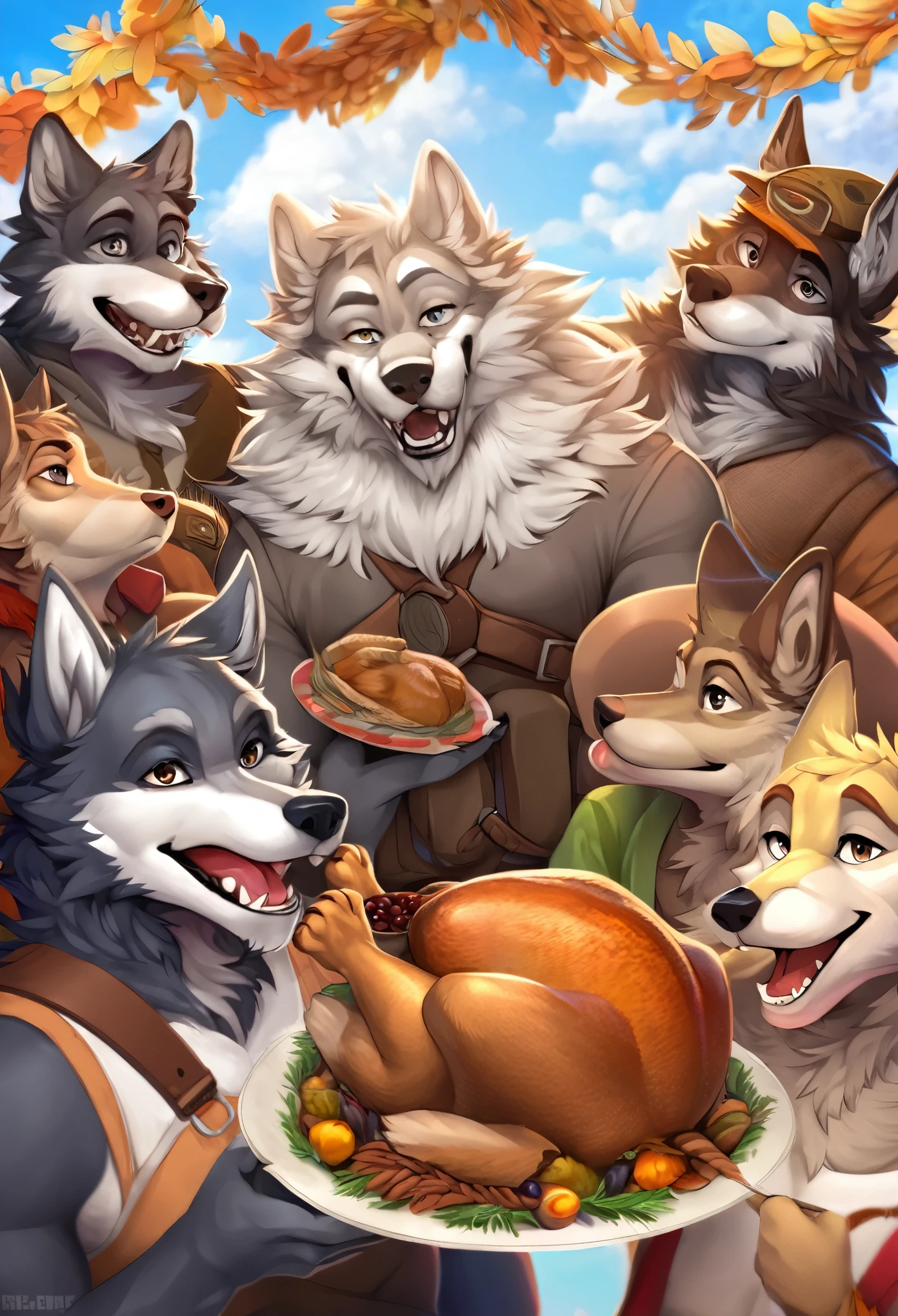 dynamic pose, absurdres(highly detailed beautiful face and eyes)perfect ???????, (ultra detailed), sharp focus, niji, eyesgod, black eye, furry, white beard, anthro (wolf), male, middle-aged, white belly, muscular, adventure costume, high quality illustrations, detailed background, thanksgiving celebration  at wide field, blue sky with clouds, eating the food, group shot, 6+boys, Happy, joyful, (Photos taken with friends), (best quality), (masterpiece), high details, award winning, highres, HD, 16k pants down revealing humanoid penis, urine pissing on fryed chicken, erotic (friends amused)