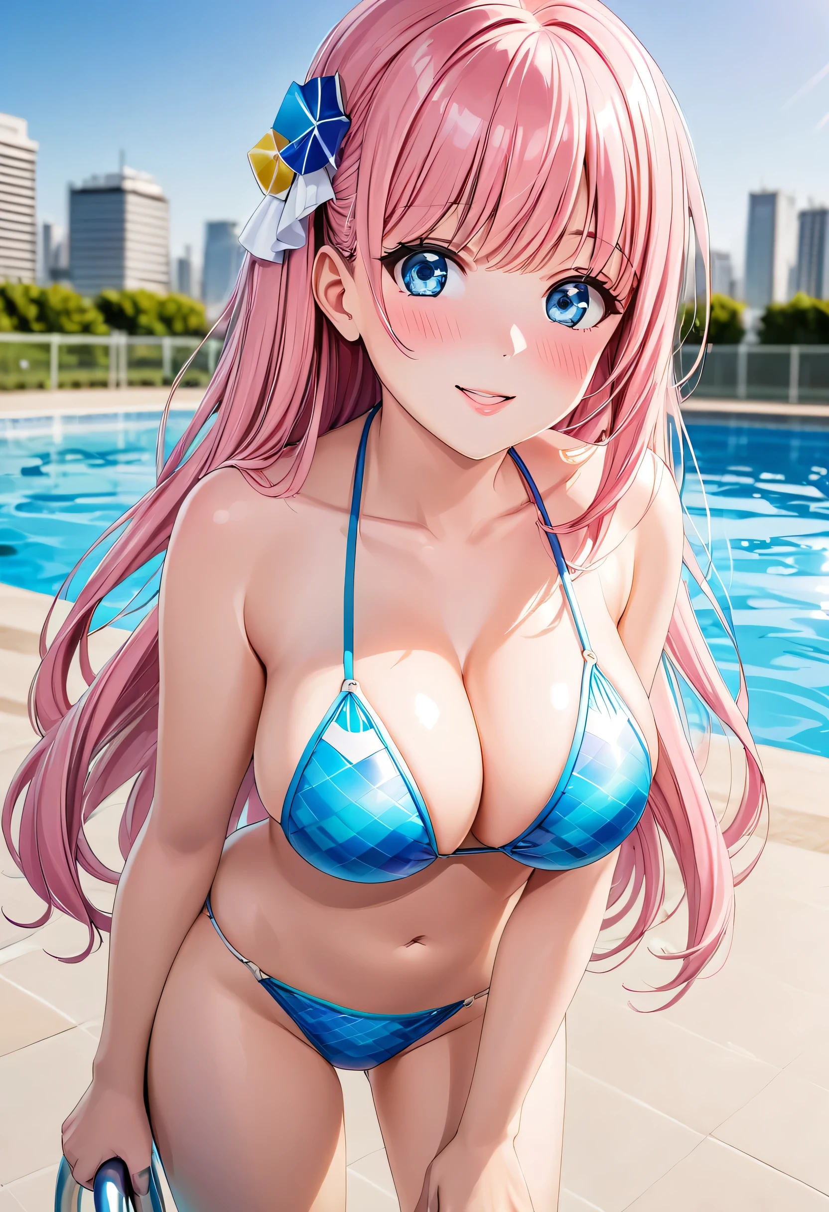 (masterpiece:1.2),( high quality:1.1), hitori , embarrassed, pink hair, hair ornaments, light blue eyes, Sexy bikini,  city pool, swimming pool, sunshine, blurry background,(looking at viewer, standing:1.1),large breast,(beautifully lit:1.1),