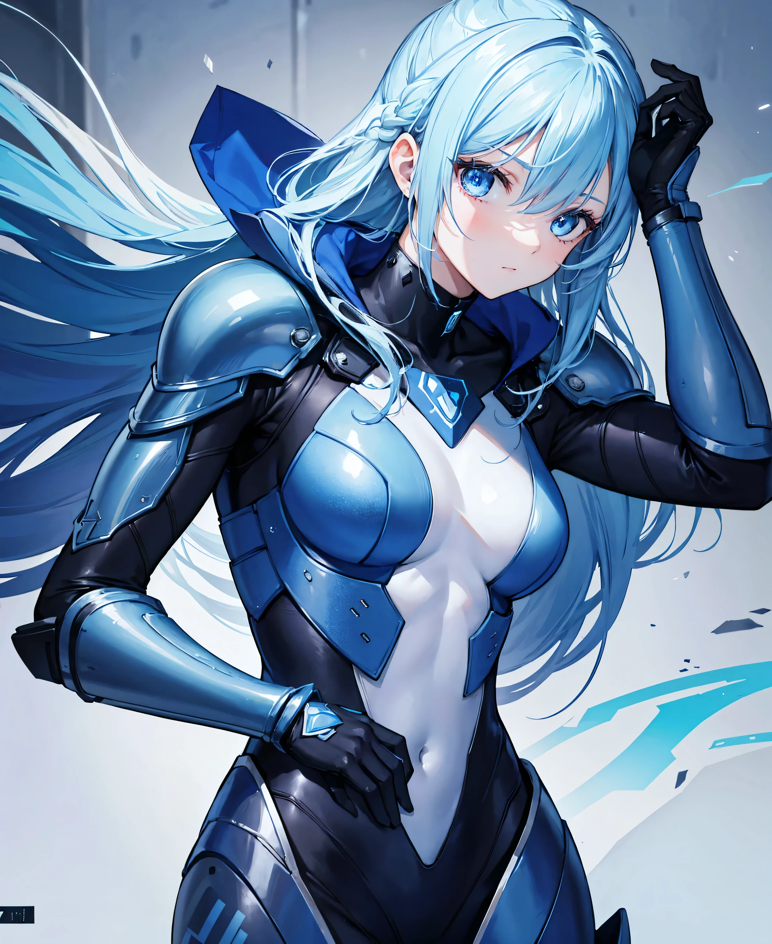 8k, highest quality, (real:1.4), Original photo, 1 girl, Asari Hair, Biological Amplifier, refined armor, posture: Peace talks between warring factions, smart blue eyes