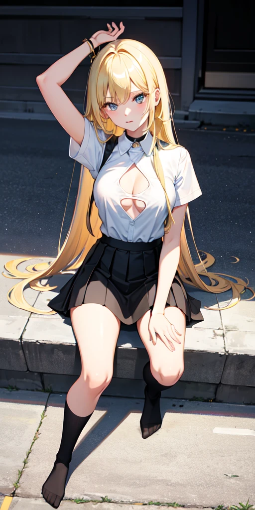 Cherrleading outfit ,blonde hair, ripped shirt,sitting,black long socks,short skirt,in school