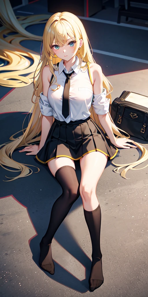Cherrleading outfit ,blonde hair, ripped shirt,sitting,black long socks,short skirt,in school