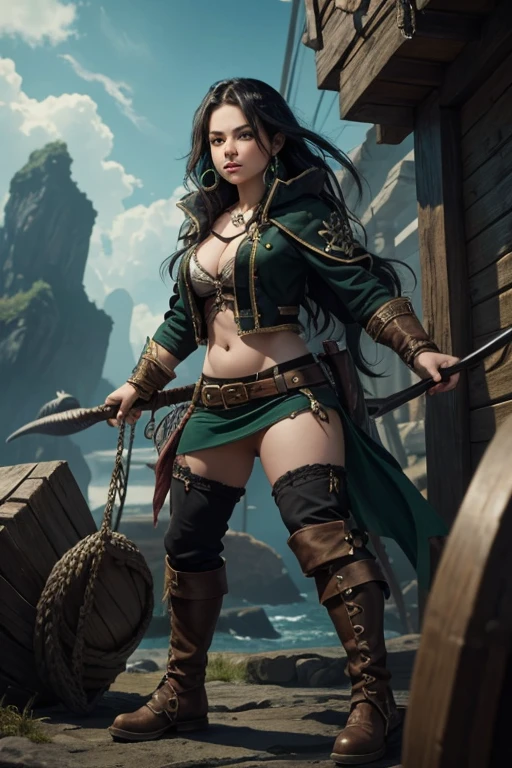 Halfling female pirate, black hair, emerald green eyes, full body, roguish clothing, fighting giant squid, piercings