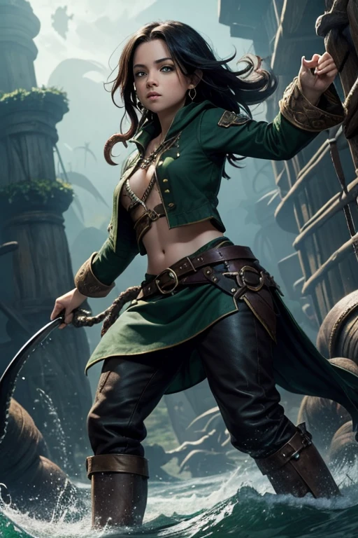 Halfling female pirate, black hair, emerald green eyes, full body, roguish clothing, fighting giant squid, piercings