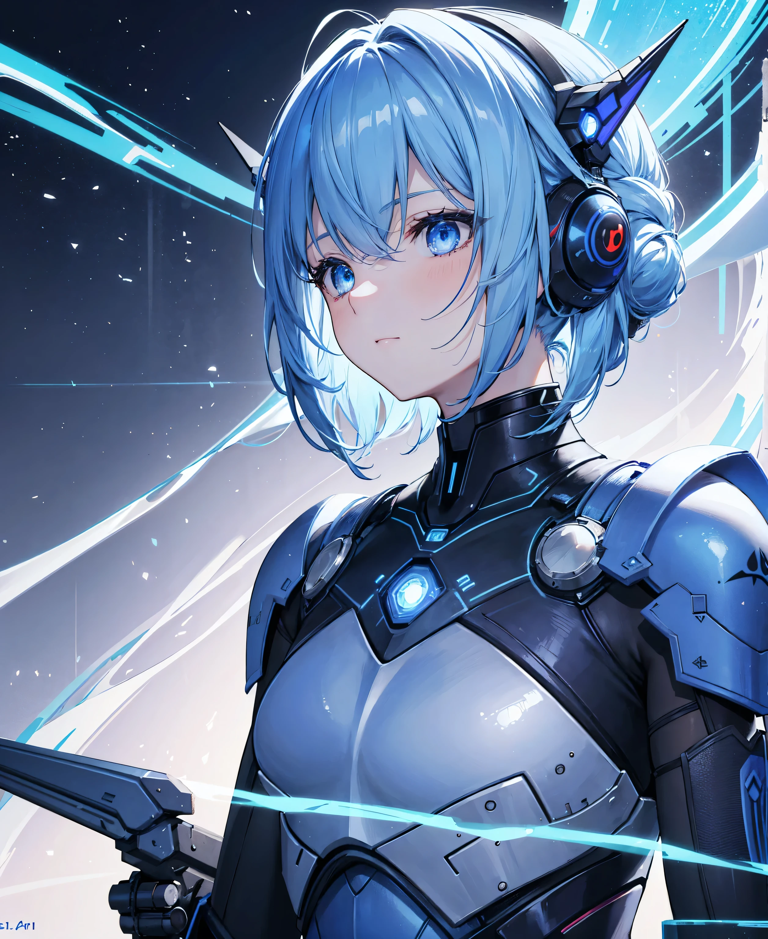 8k, highest quality, (real:1.4), Original photo, 1 girl, Asari Hair, Biological Amplifier, refined armor, posture: Peace talks between warring factions, smart blue eyes