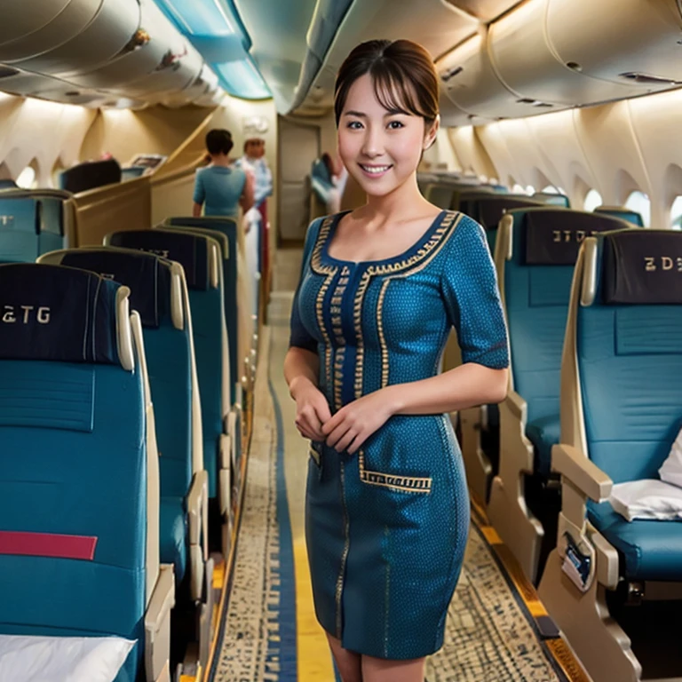 (((squniform, blue dress))), (((JBGND))), Stewardess on boarding duty, inside the plane, wearing a uniform。 Face"JPGND"Send to LoRA on the side