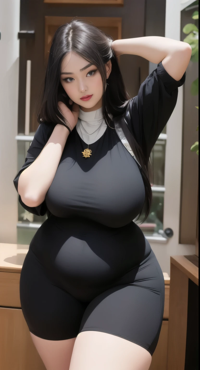 there is a woman in a black shirt and gold shorts posing for a photo, linda espessa feminina, grosso, quadris largos, espesso thighs, modelo plus size atraente, rubenesco, espesso legs, coxas grandes, mulher mais tamanho, quadris mais largos, espesso body, espesso, curvy hourglass figure, curvy model, Arab-Japanese goddess , beautiful curvy woman, slightly fat arms , usando 5 pulseira, usando leggings com colar de 3 diamantes