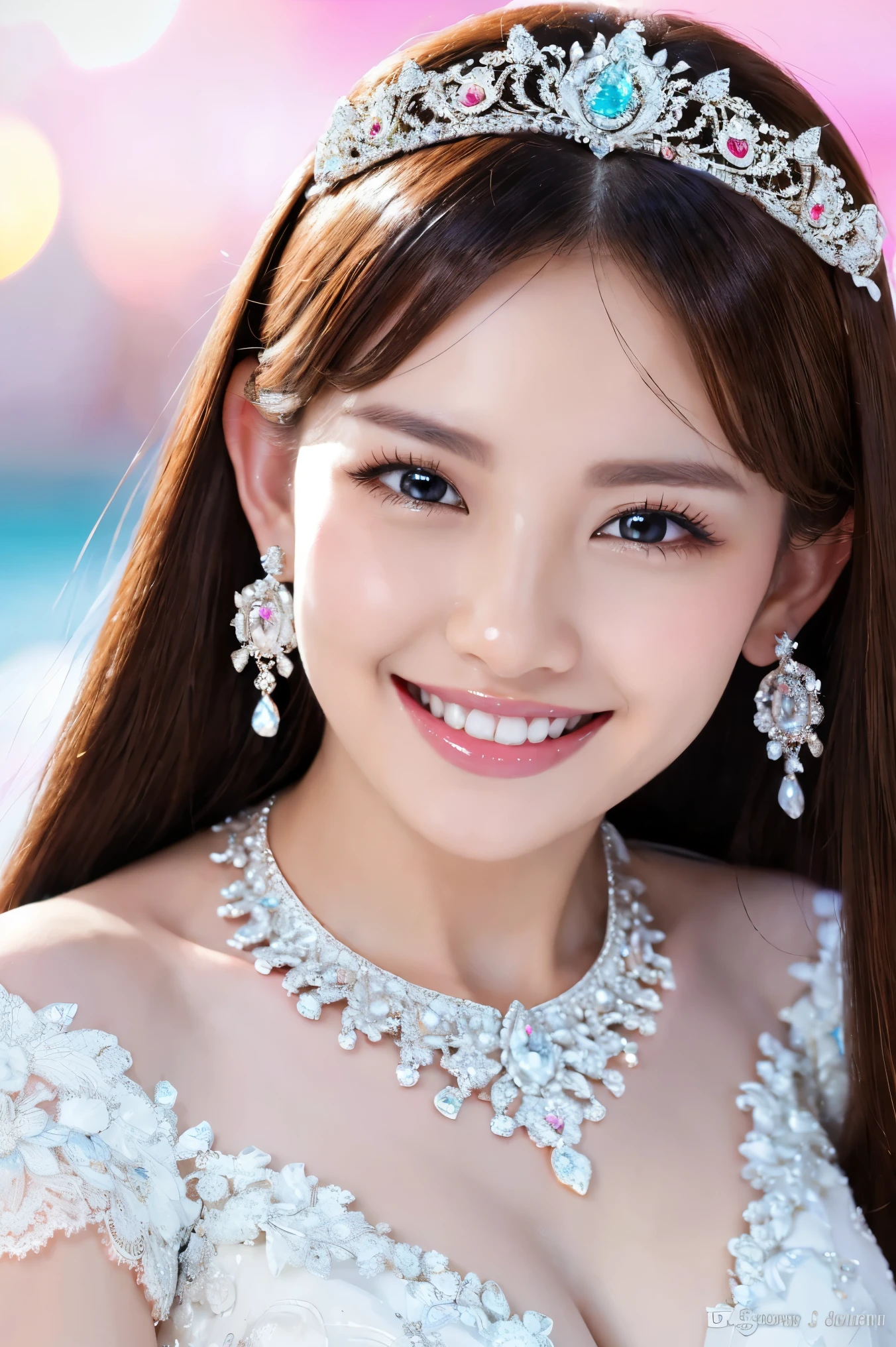(highest quality、Tabletop、8k、Best image quality、Award-winning works)、One beautiful bride、(alone:1.1)、(The most extravagant and gorgeous huge wedding dresses:1.1)、(Perfect Wedding Lace:1.2)、(The most extravagant and luxurious giant tiara:1.1)、(The most extravagant and luxurious giant necklace:1.1)、The most beautiful smile is looking at me、A wide selection of the finest jewellery、(Bridal upper body photo:1.1)、Perfect Makeup、Long eyelashes、Ultra HD Shining Eyes、Ultra HD Hair、Ultra High Resolution Glossy Lips、Ultra High Resolution Perfect Teeth、Super high resolution beautiful face、(Accurate anatomy:1.1)、(Very bright and beautiful skin:1.2)、(very bright and vivid:1.2)、(Gorgeous wedding venue backdrop:1.1)