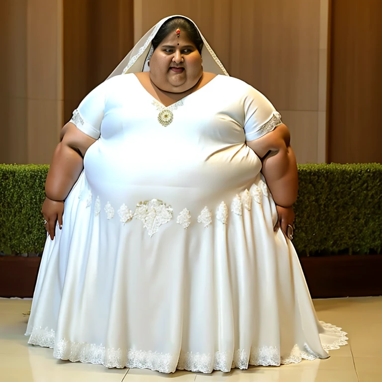 sbbw solo extremely morbidly obese  Zaïrean woman full body alone wearing a white wedding dress