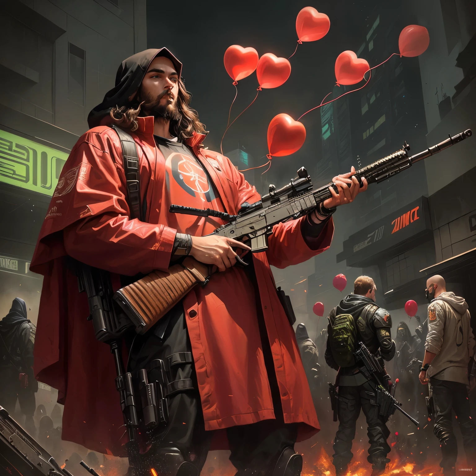 painting of a man holding a rifle and holding red balloons, cyberpunk jesus christ, jesus christ is the doom slayer, beeple and james jean, saturno butto, by Ludwik Konarzewski Jr, ninja jesus, james jean marc simonetti, martin ansin, by Johannes Helgeson, diego dayer, jesus christ smoking a blunt