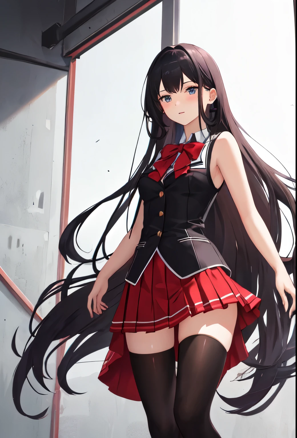 best quality, masterpiece, highres, solo, 1girl, skirt, sleeveless, very_long_hair, thighhighs, hair_down