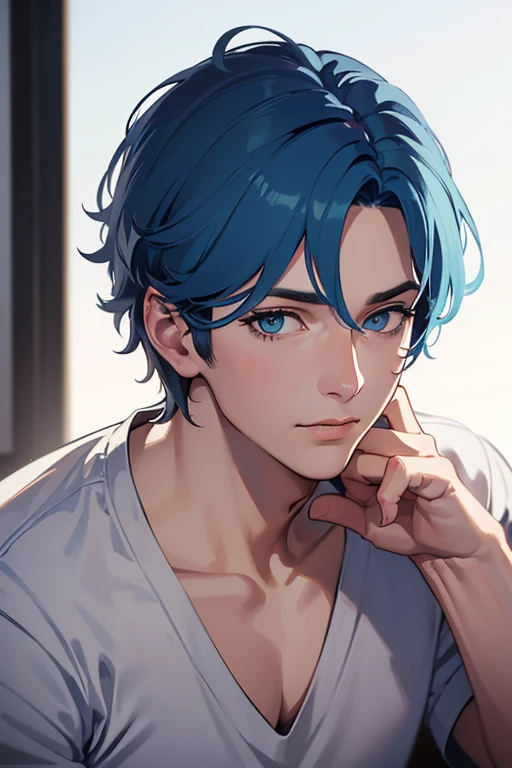 (best quality,4k,8k,highres,masterpiece:1.2), ultra-detailed, (realistic,photorealistic,photo-realistic:1.37), 1man, mature, winking, handsome boy, blue hair, blue eyes, short messy blue hair, white background, adult, ((28 years old)), male, man, 28 years old, adult man, portraits, vivid colors, studio lighting, sharp focus, physically-based rendering, professional, bokeh