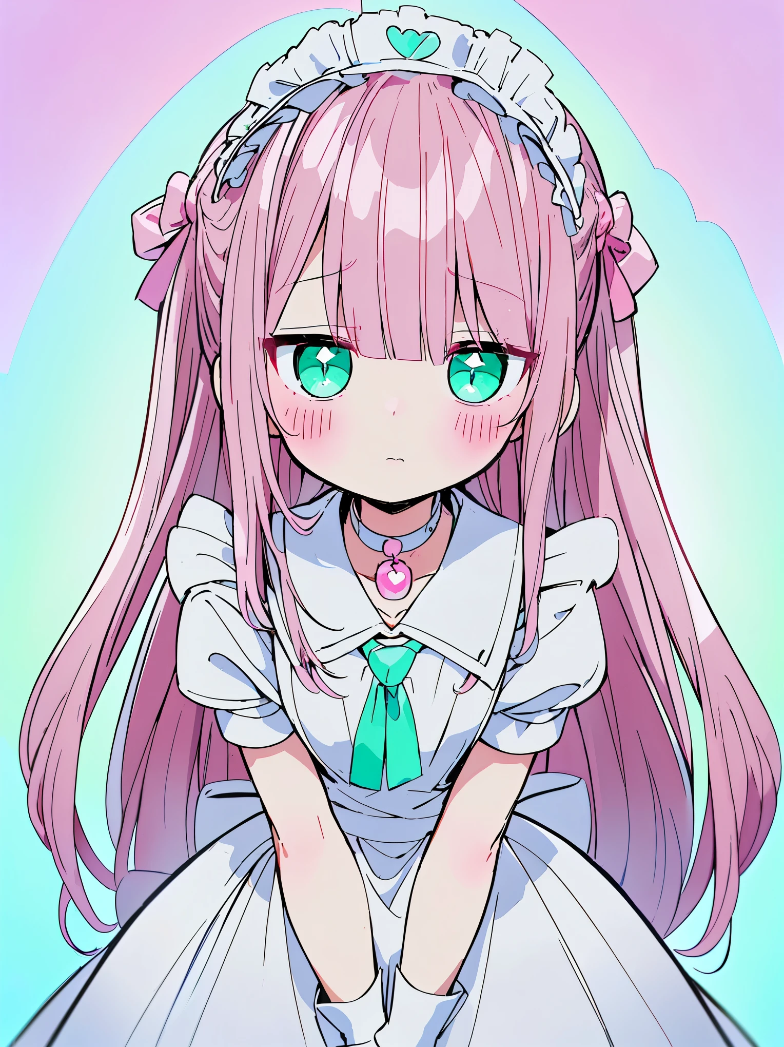 (((pearl pink hair,emerald pupils,green eyes))),((beautiful and detailed)),(blushing), (geometric:1.1),(((pink serafuku with frills,neck collar)), ((1girl,amazing,adorable maid,solo,arms down,big big eyes)),(Masterpiece,Best quality, offcial art,fractal art, Beautiful and aesthetic:1.2),(4k,HD,HRS),((small breasts)),(Physically-based rendering),Sharp focus, (((highdetailskin,The details are complex、Shallow depth of field、movie lighting、Reflectors、a Canon EOS R5、50mm lens、f / 2.8、shot at 8k resolution))),simple cloths,correct pupils,((((shiny hair|soft hair|half bangs|long hair)))),(masterpiece sidelighting),(The sheen),(beautiful hair,beautiful background,bokeh:55mm)),((extremely_Detailed_Eyes_and_face)),Movie girl,(Dynamic posture: 1.2),Brilliant