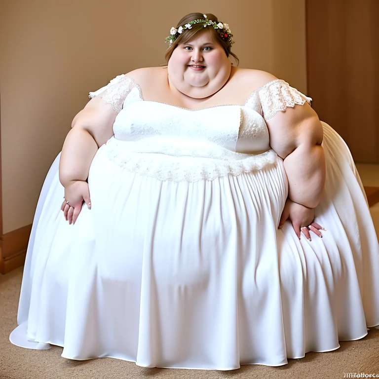 sbbw solo extremely morbidly obese Belarusian woman full body alone wearing a white wedding dress